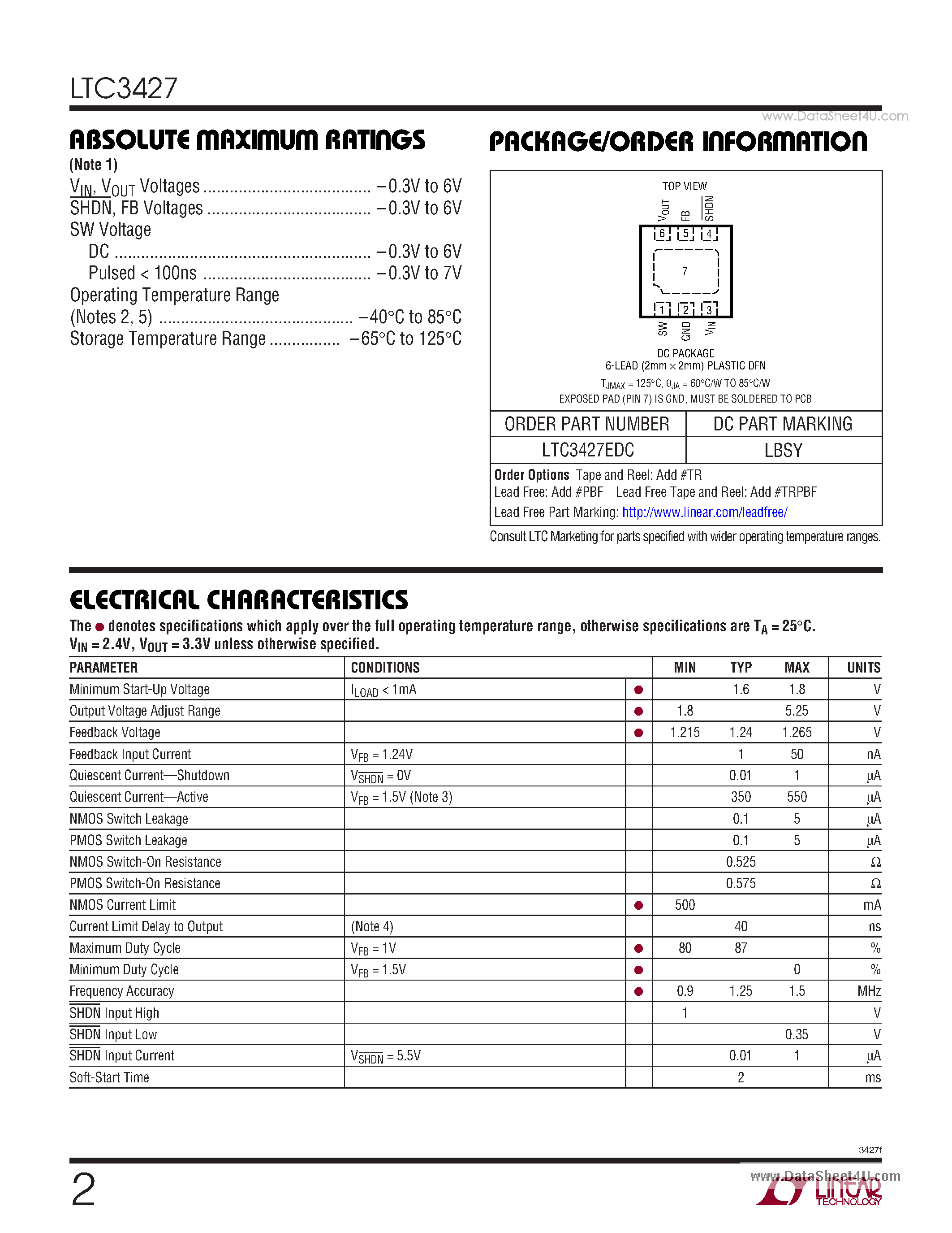 Datasheet LT3427 page 2 Datasheet LT3427 - 1.25MHz Synchronous Step-Up DC/DC Converter page 2
