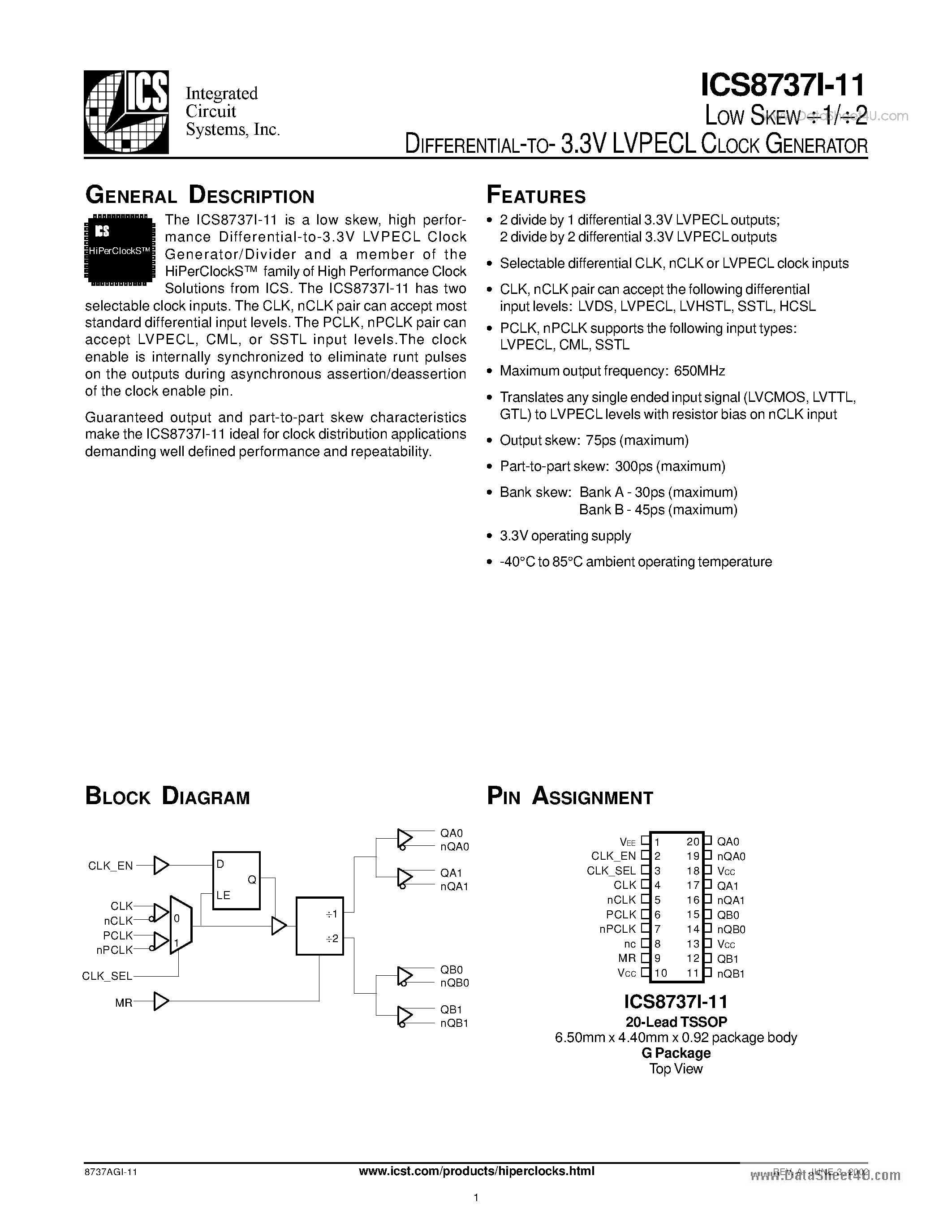 Даташит ICS8737I-11 - DIFFERENTIAL-TO- 3.3V LVPECL CLOCK GENERATOR страница 1