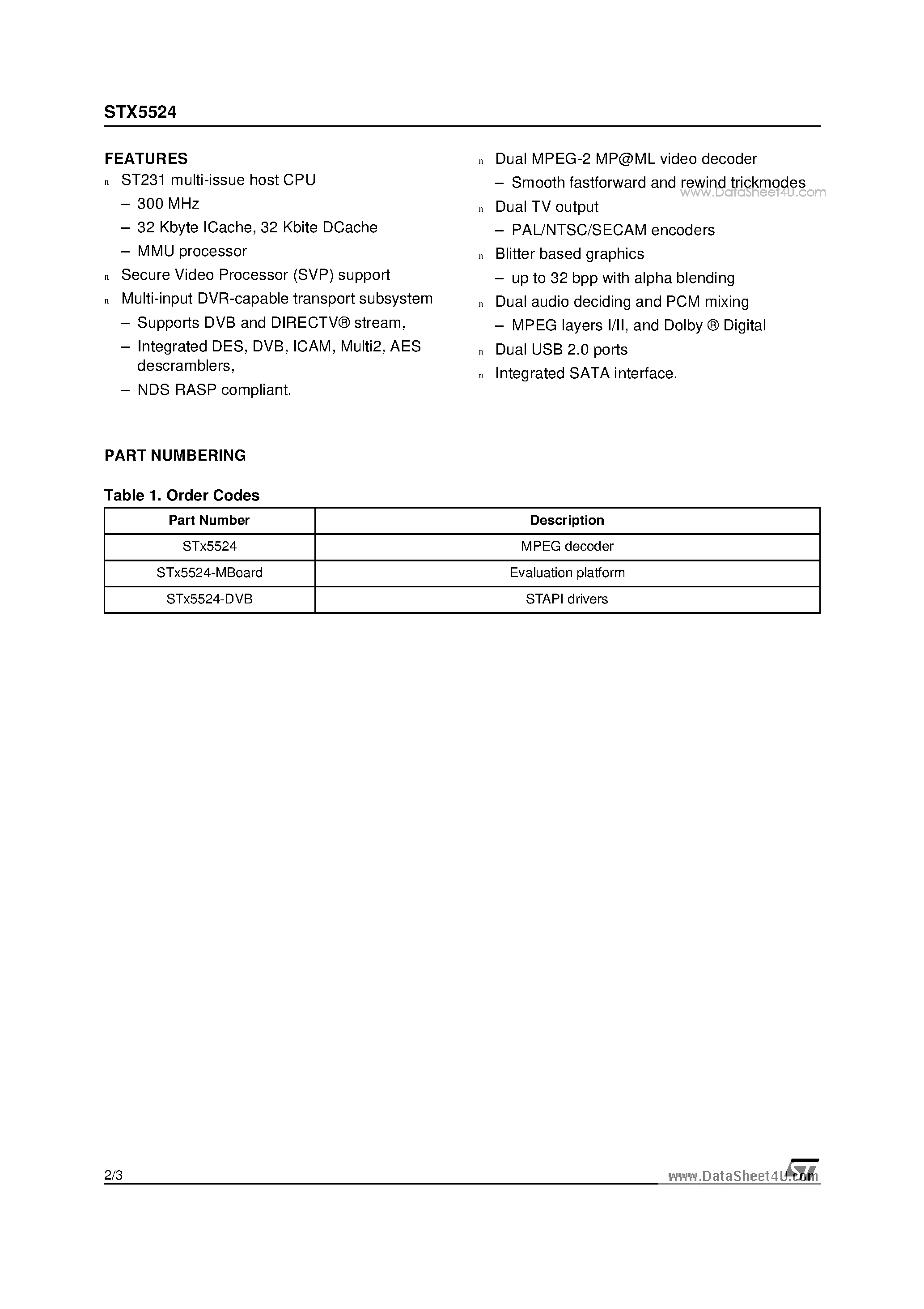 Datasheet STx5524 page 2 Datasheet STx5524 - DVR set-top box decoder page 2