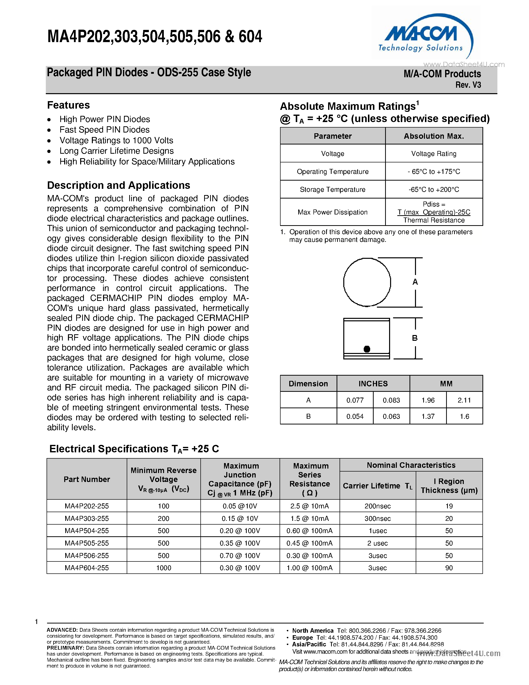 Даташит MA4P202 - (MA4Pxxx) Packaged PIN Diodes страница 1