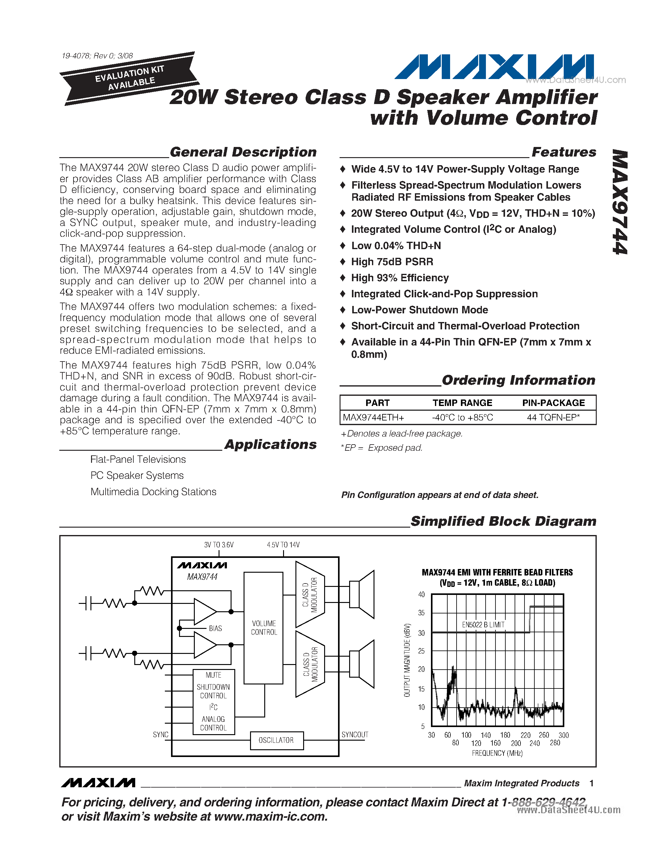 Даташит MAX9744 - 20W Stereo Class D Speaker Amplifier страница 1