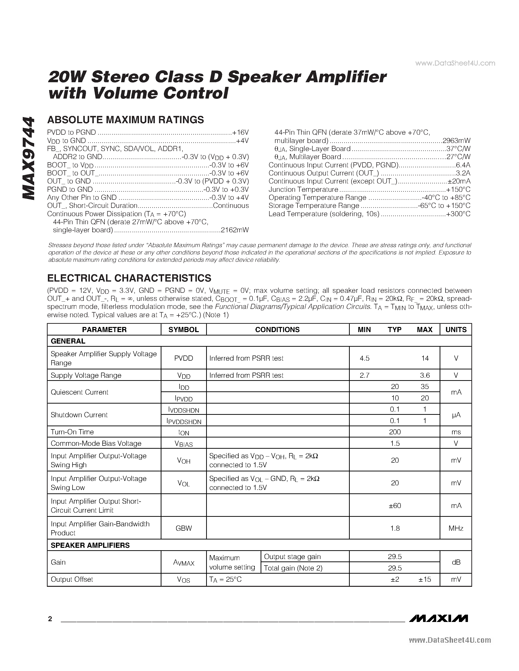 Даташит MAX9744 - 20W Stereo Class D Speaker Amplifier страница 2