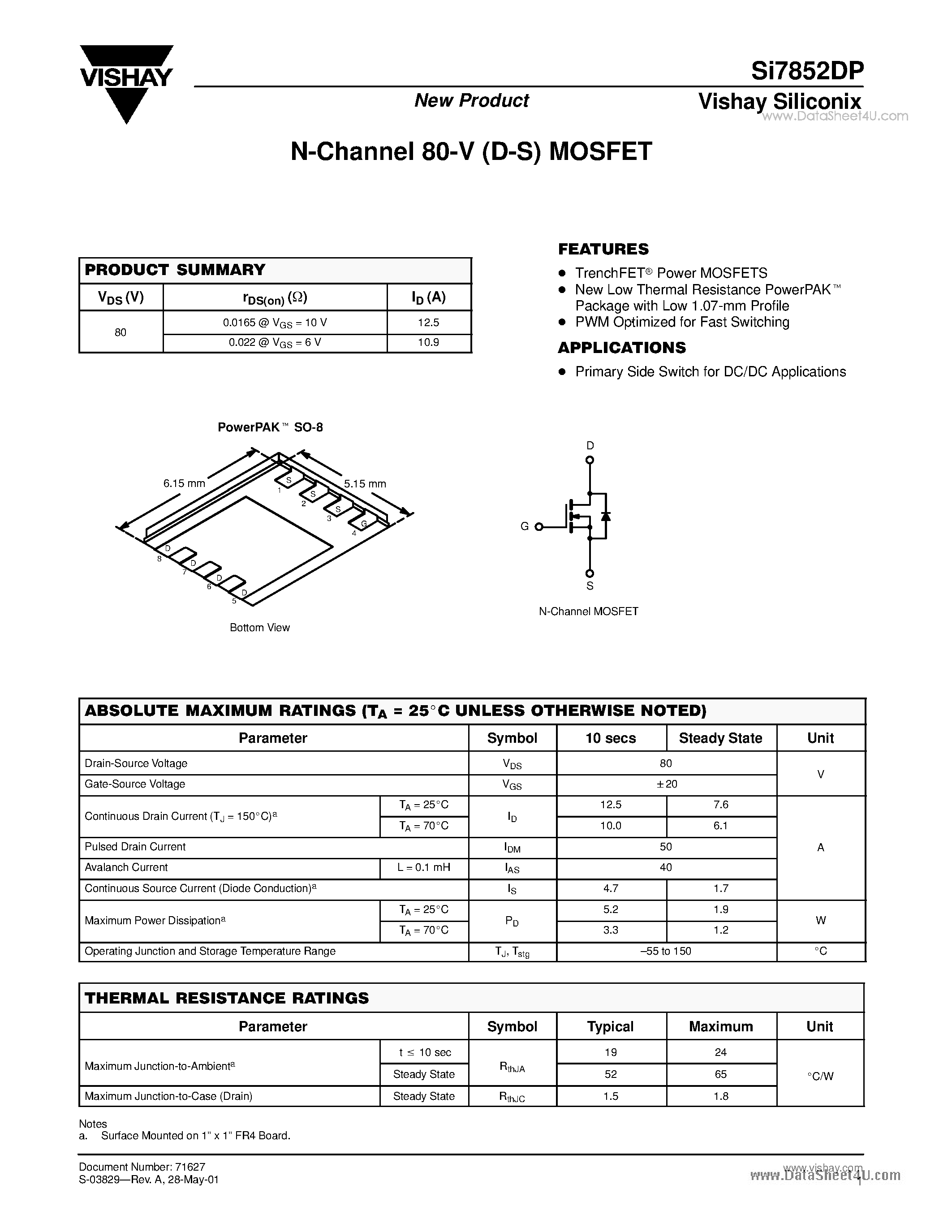 Даташит SI7852DP - N-Channel 80-V (D-S) MOSFET страница 1