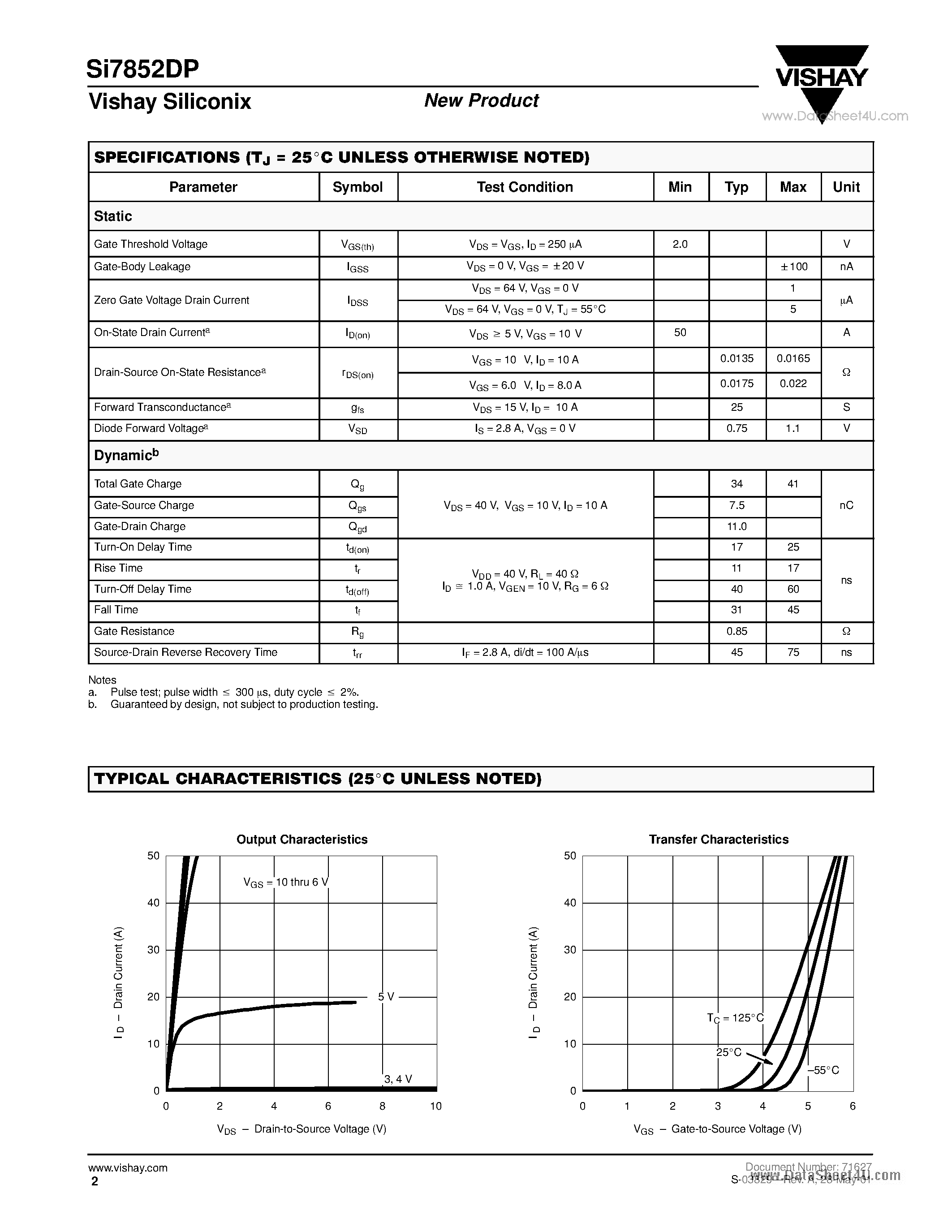Даташит SI7852DP - N-Channel 80-V (D-S) MOSFET страница 2