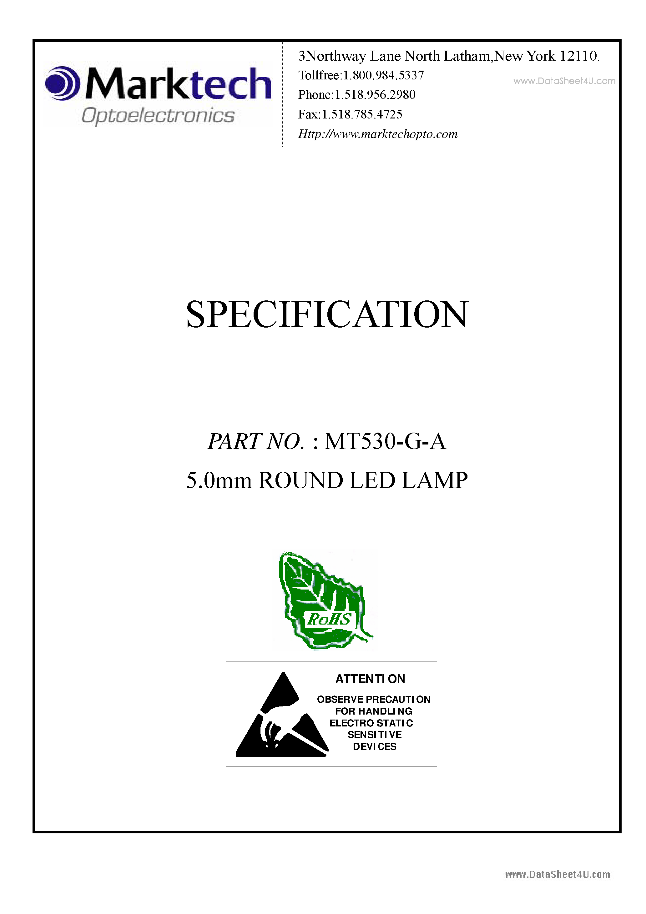 Datasheet MT530-G-A page 1 Datasheet MT530-G-A - 5.0mm ROUND LED LAMP page 1