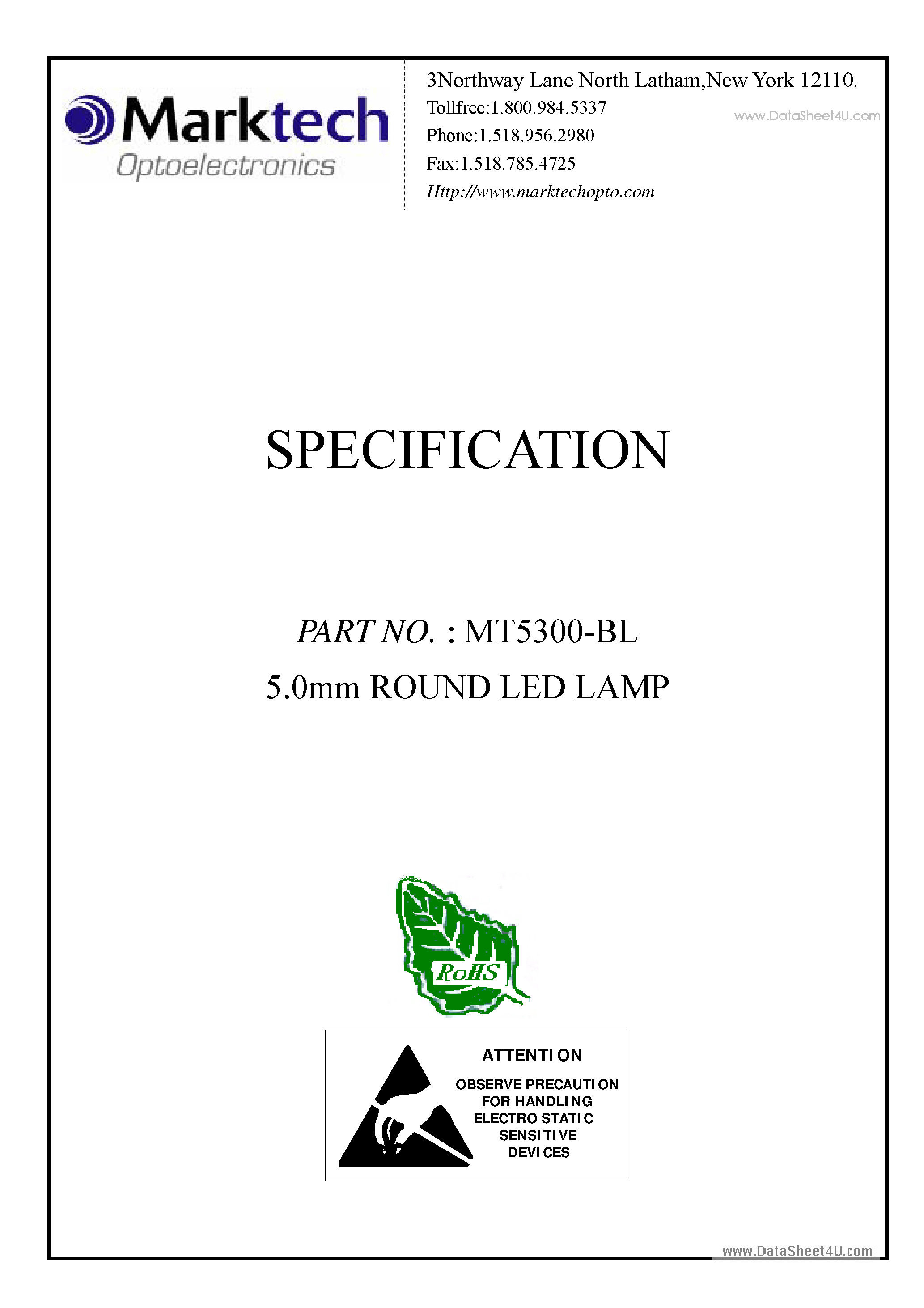 Datasheet MT5300-BL - 5.0mm ROUND LED LAMP page 1