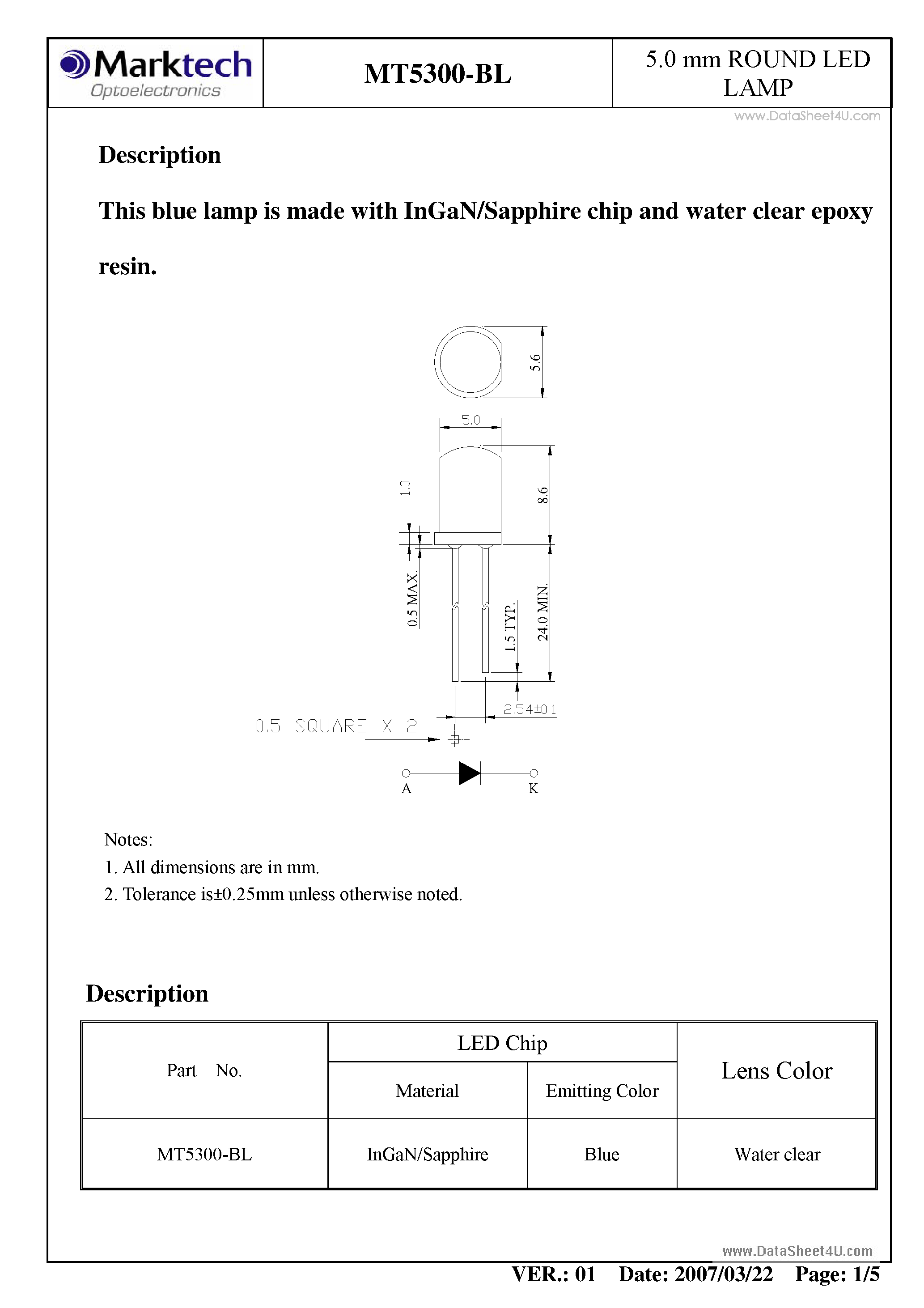 Datasheet MT5300-BL - 5.0mm ROUND LED LAMP page 2