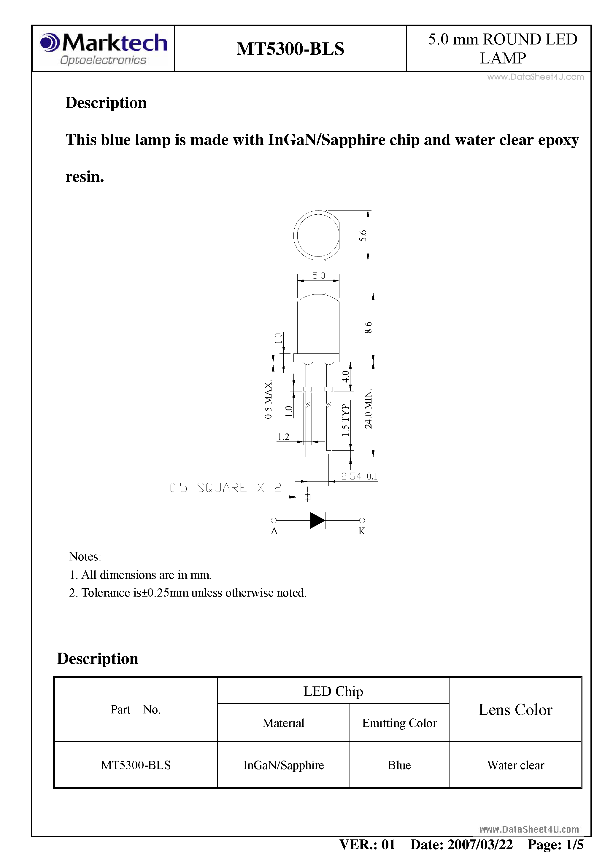 Datasheet MT5300-BLS - 5.0mm ROUND LED LAMP page 2