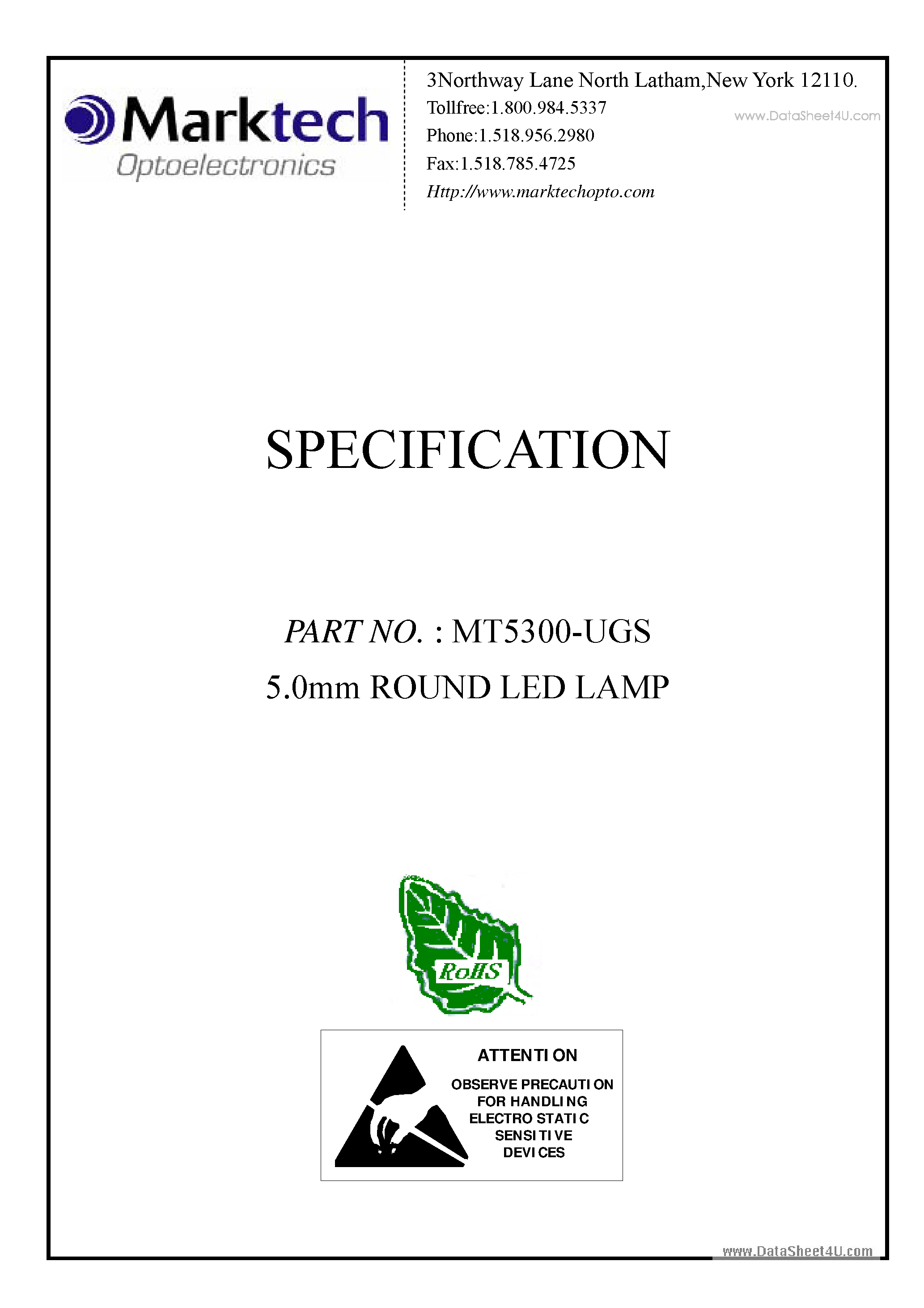 Datasheet MT5300-UGS - 5.0mm ROUND LED LAMP page 1