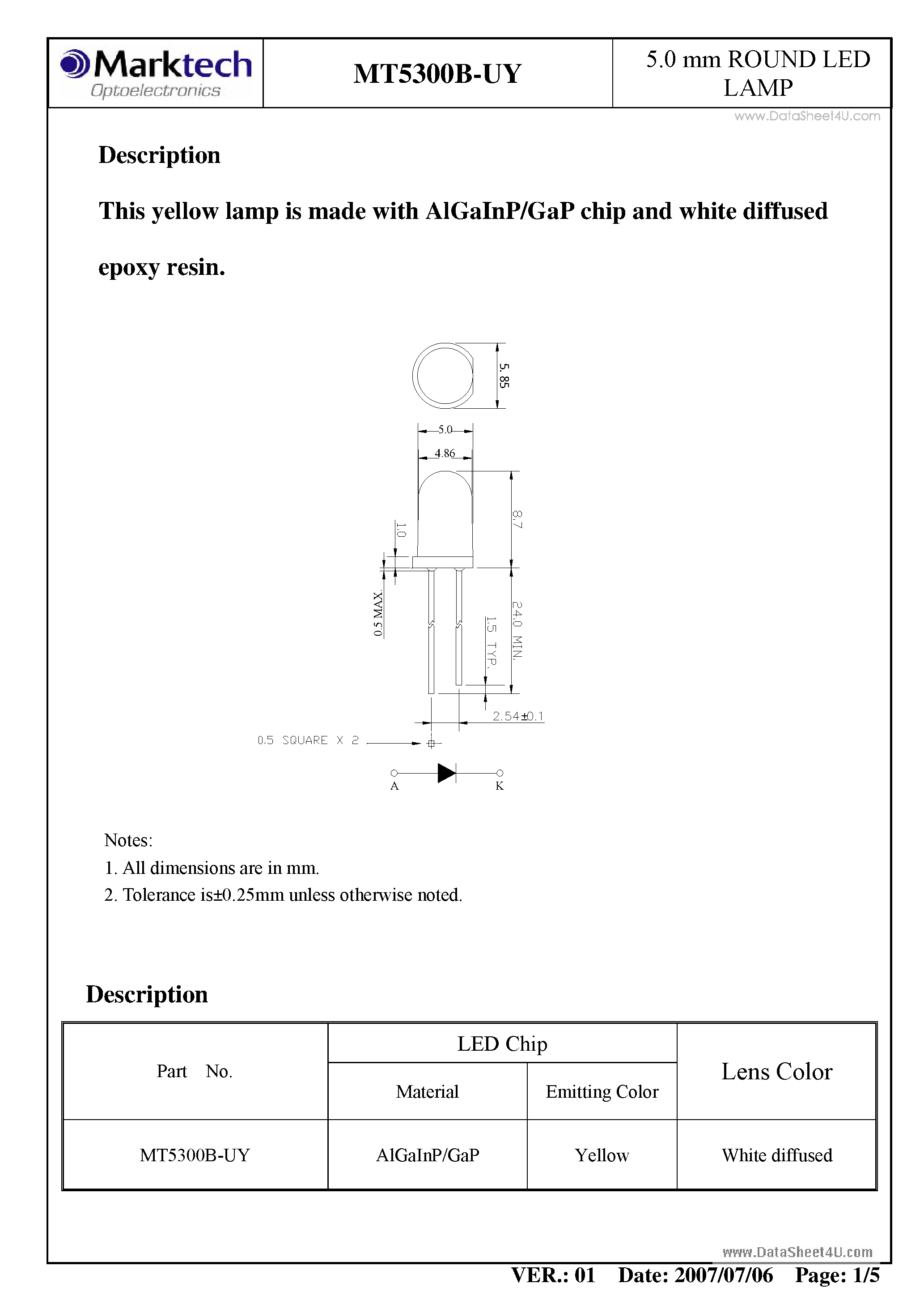 Datasheet MT5300B-UY - 5.0mm ROUND LED LAMP page 2