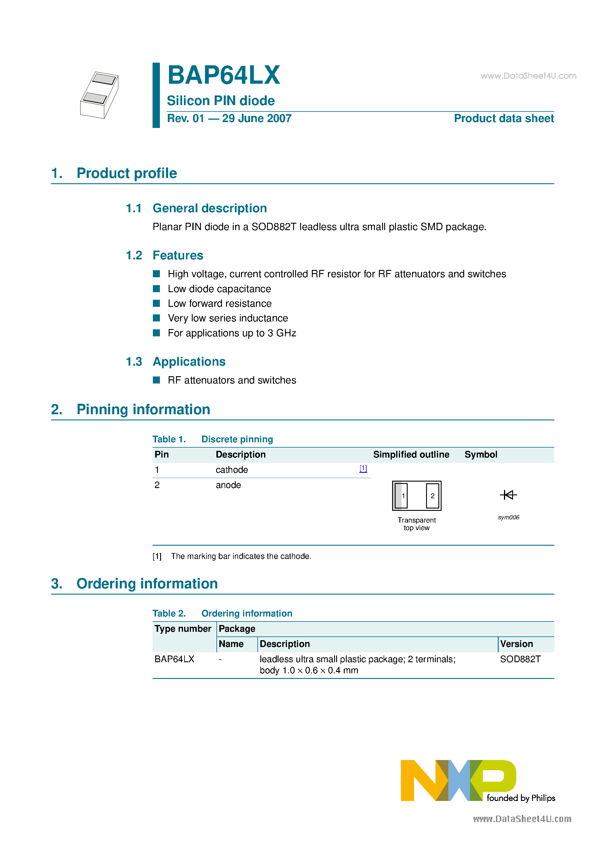 Datasheet BAP64LX page 1 Datasheet BAP64LX - Silicon PIN diode page 1