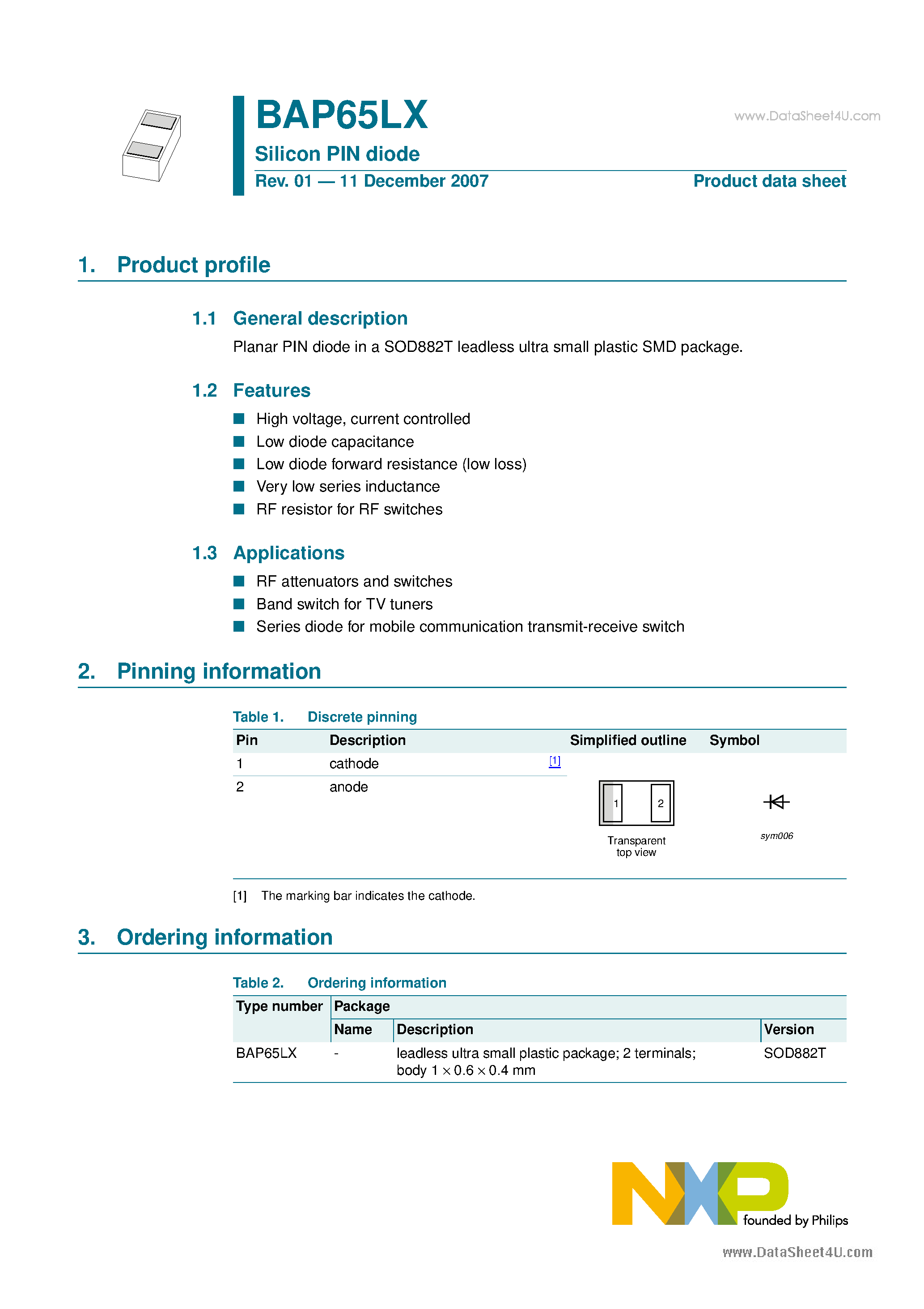 Datasheet BAP65LX - Silicon PIN diode page 1