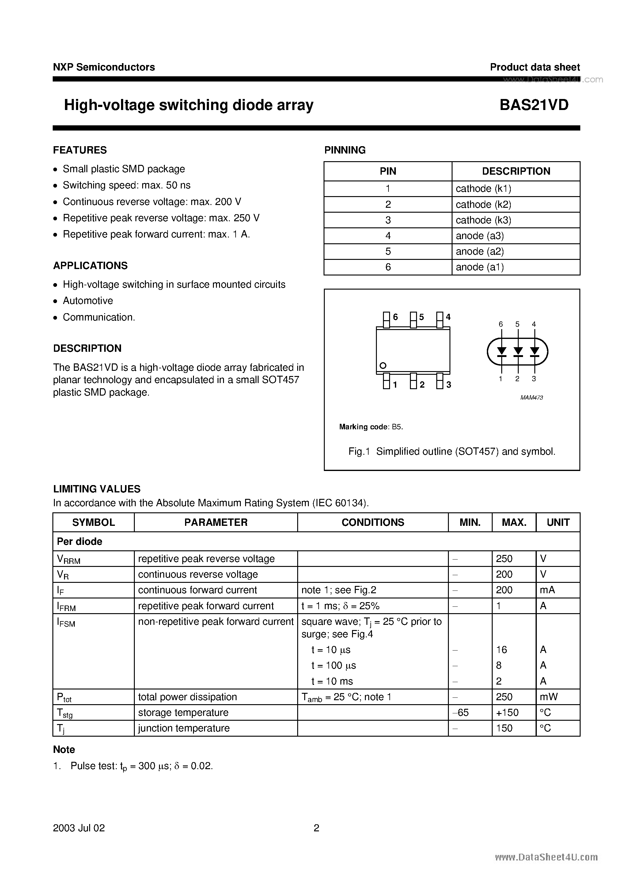 Datasheet BAS21VD page 2 Datasheet BAS21VD - High-voltage switching diode array page 2