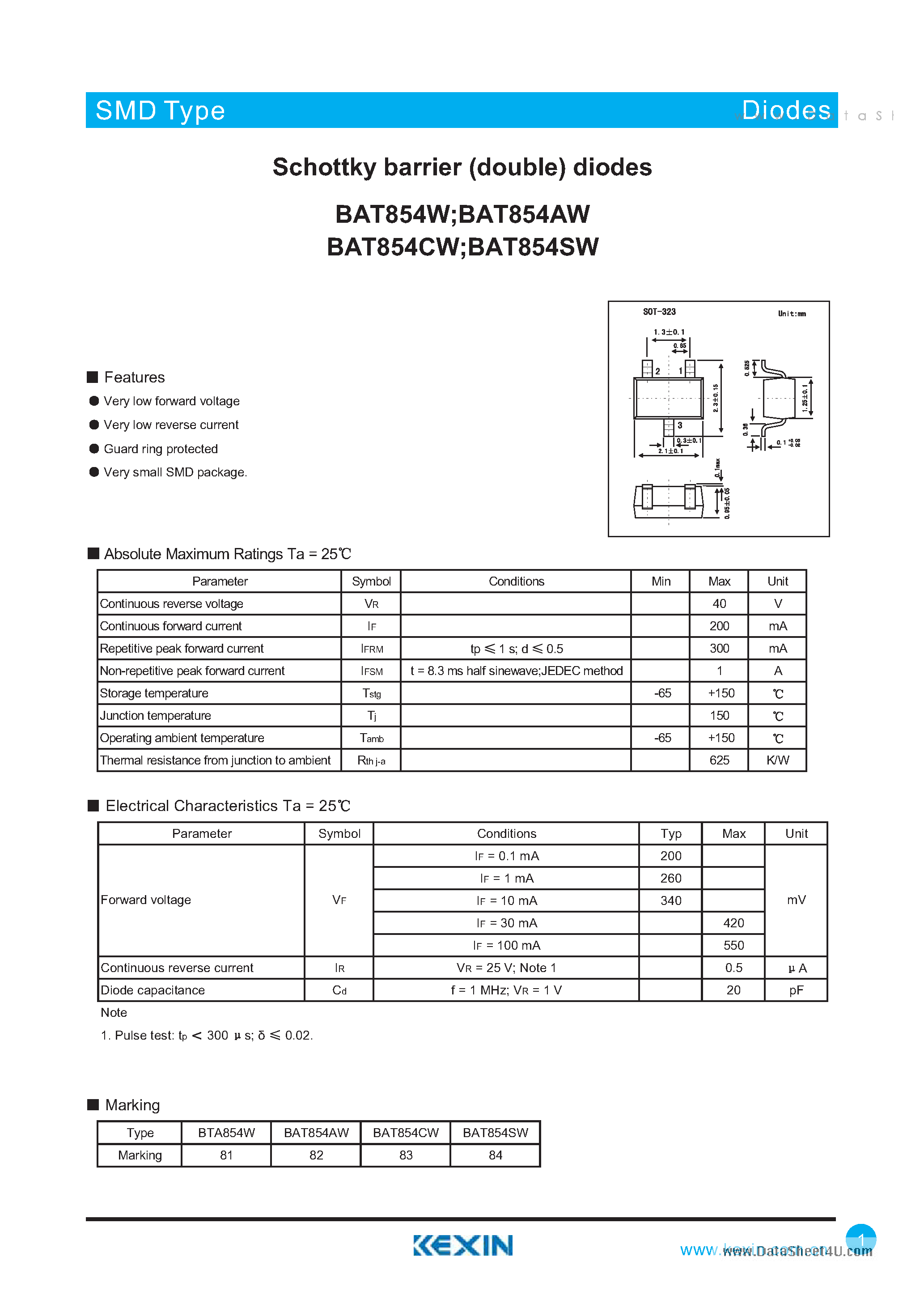 Datasheet BAT854AW - Schottky barrier (double) diodes page 1
