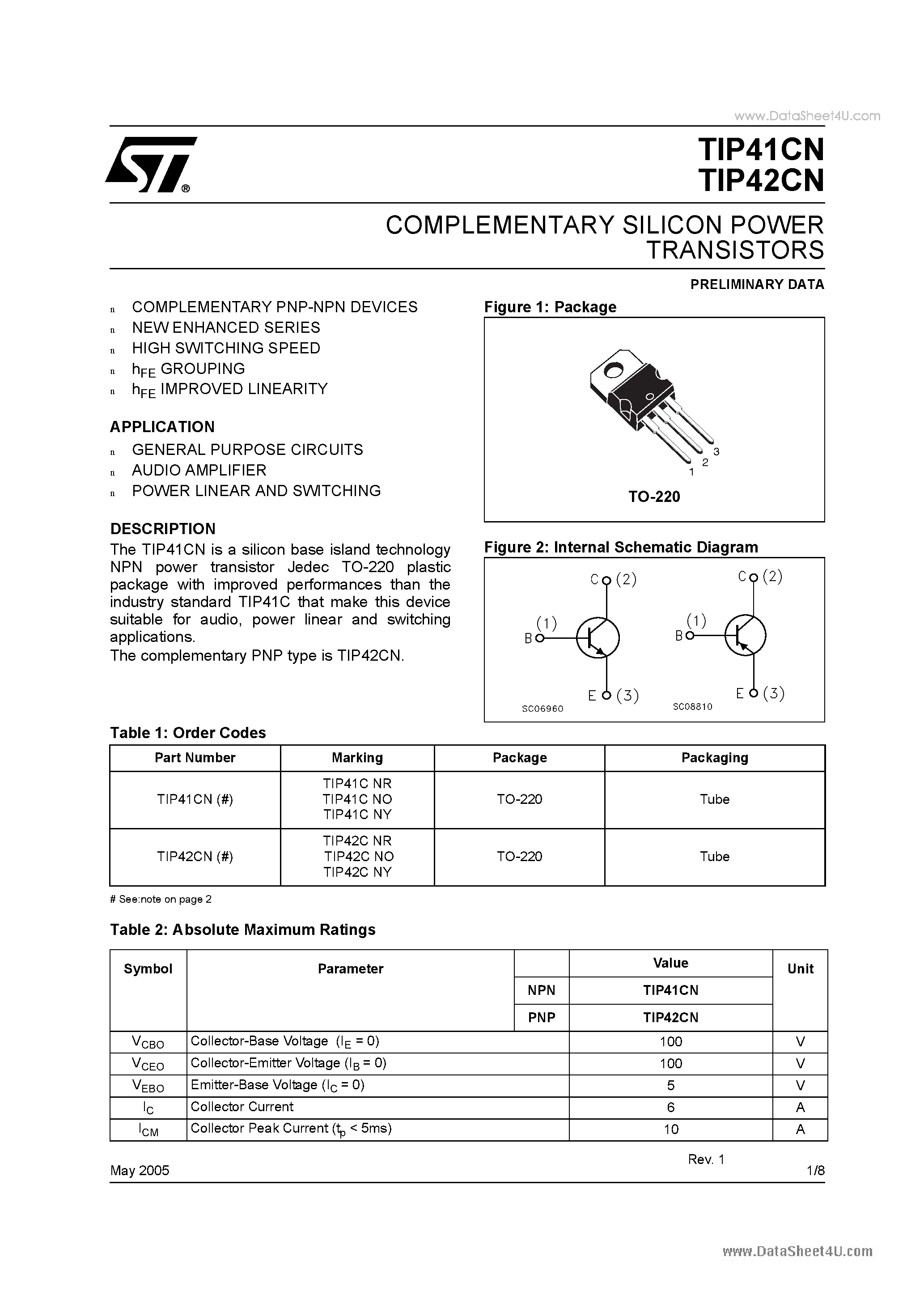 Даташит на микросхему TIP41CN страница 1 Даташит TIP41CN - COMPLEMENTARY SILICON POWER TRANSISTORS страница 1