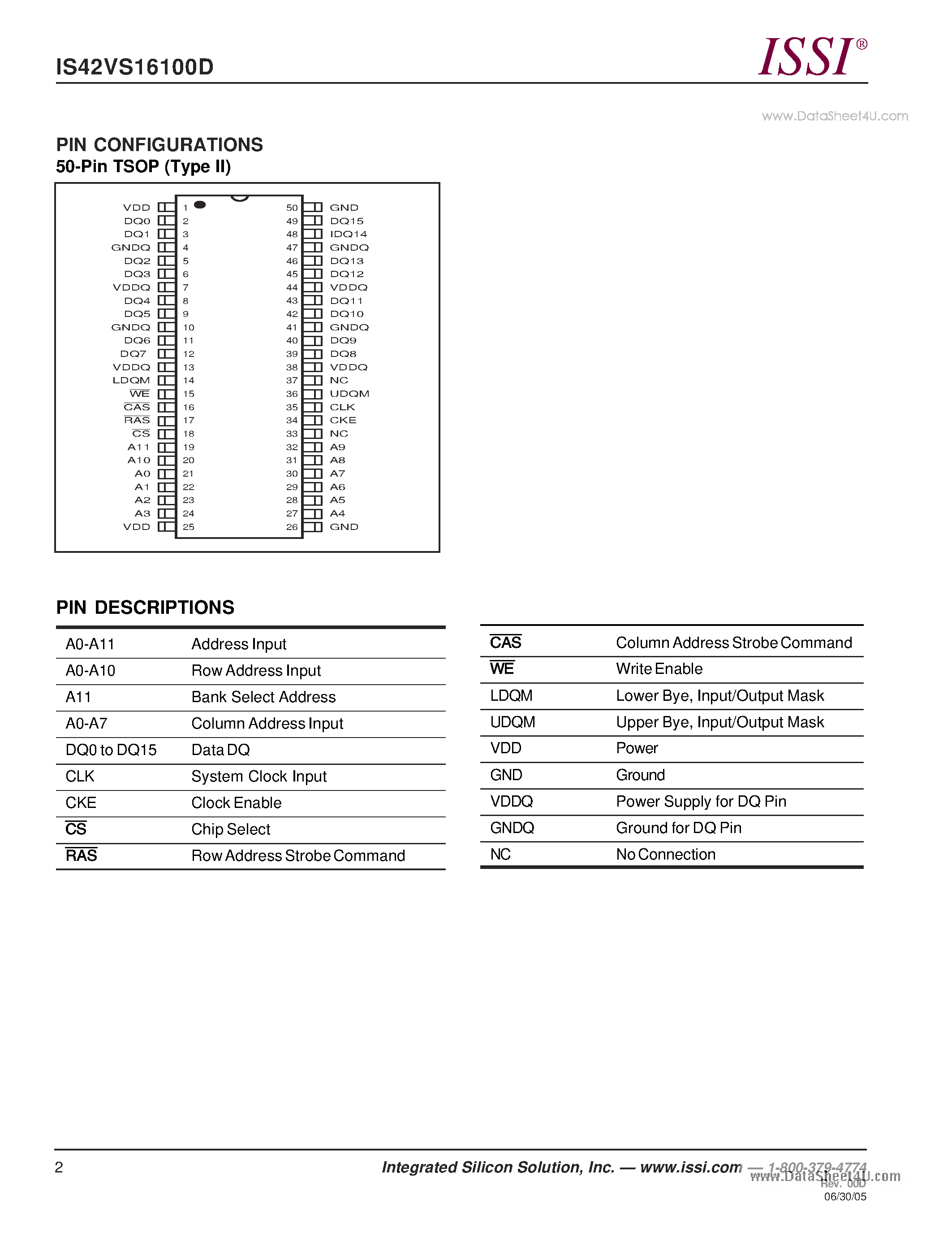Даташит IS42VS16100D - 512K Words x 16 Bits x 2 Banks (16-MBIT) SYNCHRONOUS DYNAMIC RAM страница 2