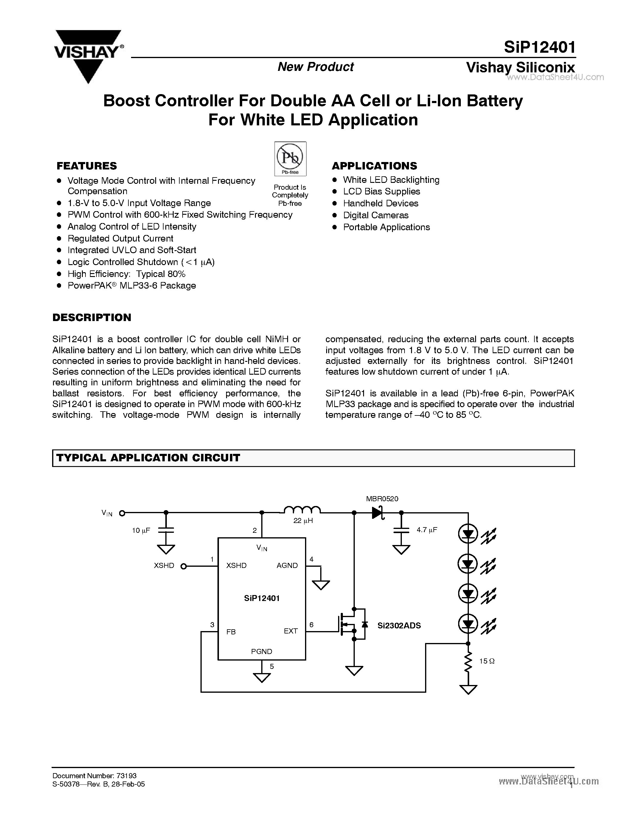 Datasheet SiP12401 - Boost Controller For Double AA Cell or Li-Ion Battery page 1