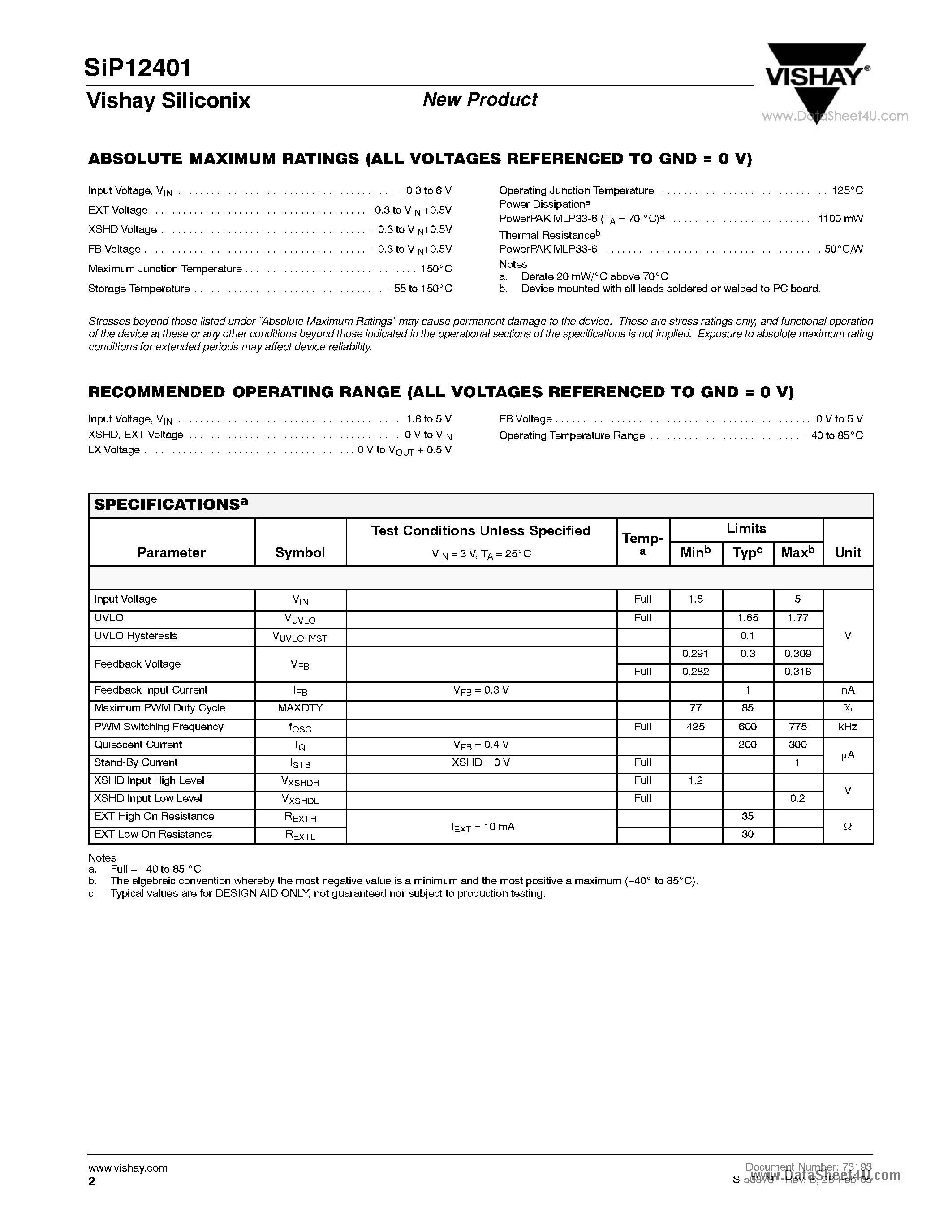 Datasheet SiP12401 - Boost Controller For Double AA Cell or Li-Ion Battery page 2