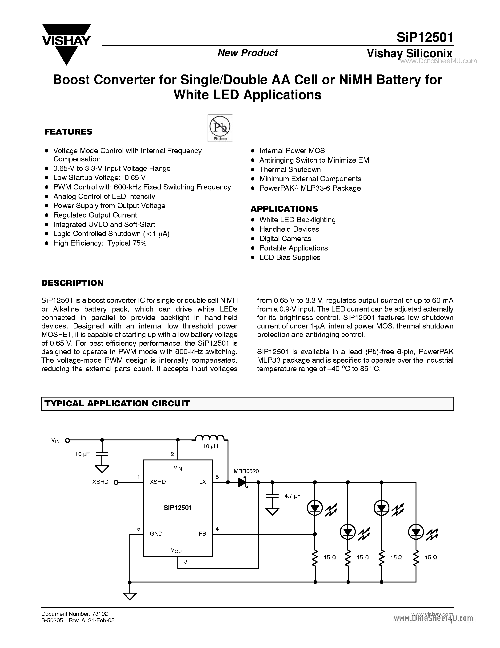Datasheet SiP12501 - Boost Controller for Single/Double AA Cell or NiMH Battery page 1