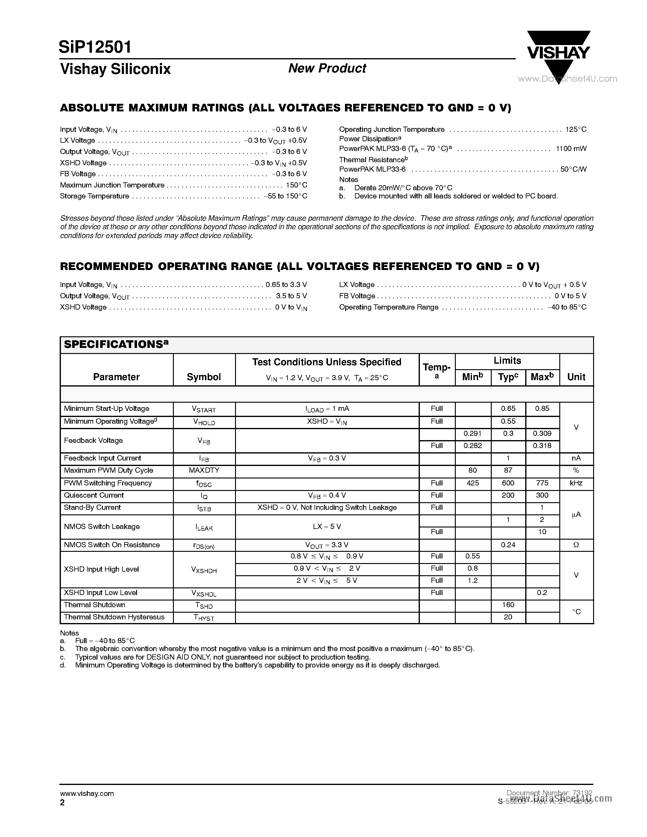 Datasheet SiP12501 - Boost Controller for Single/Double AA Cell or NiMH Battery page 2
