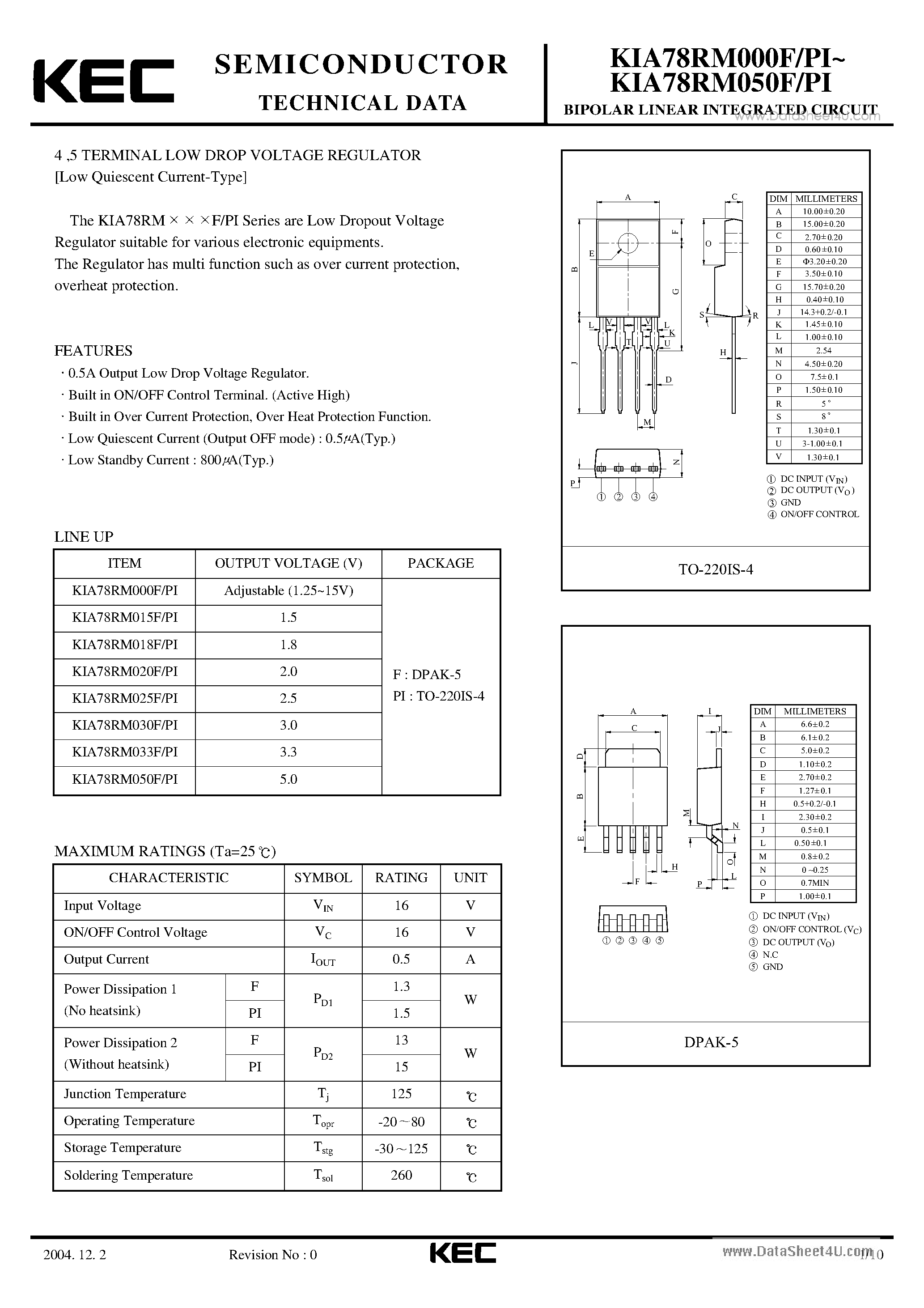 Datasheet KIA78RM000F - TERMINAL LOW DROP VOLTAGE REGULATOR page 1