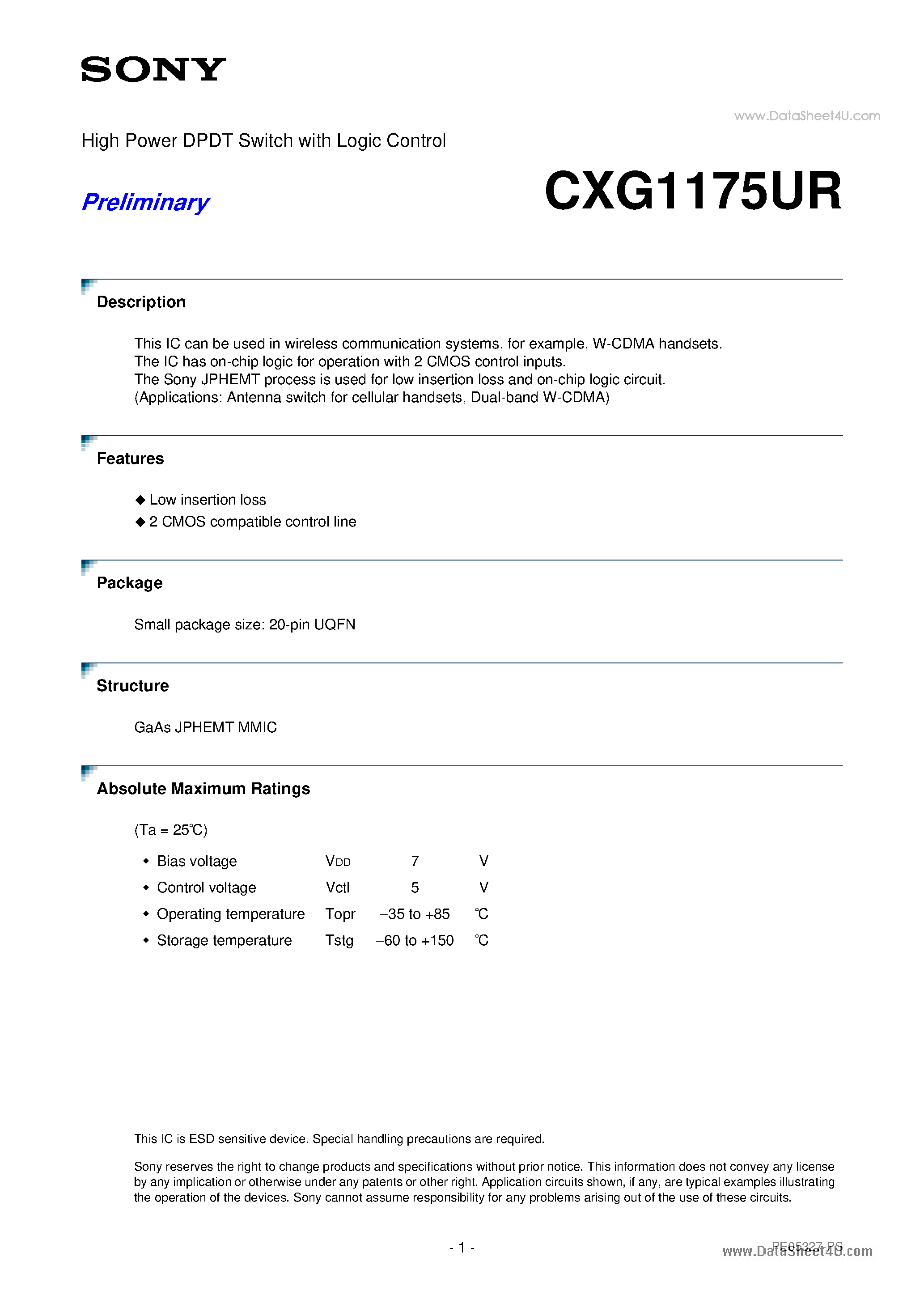 Даташит на микросхему CXG1175UR страница 1 Даташит CXG1175UR - High Power DPDT Switch страница 1
