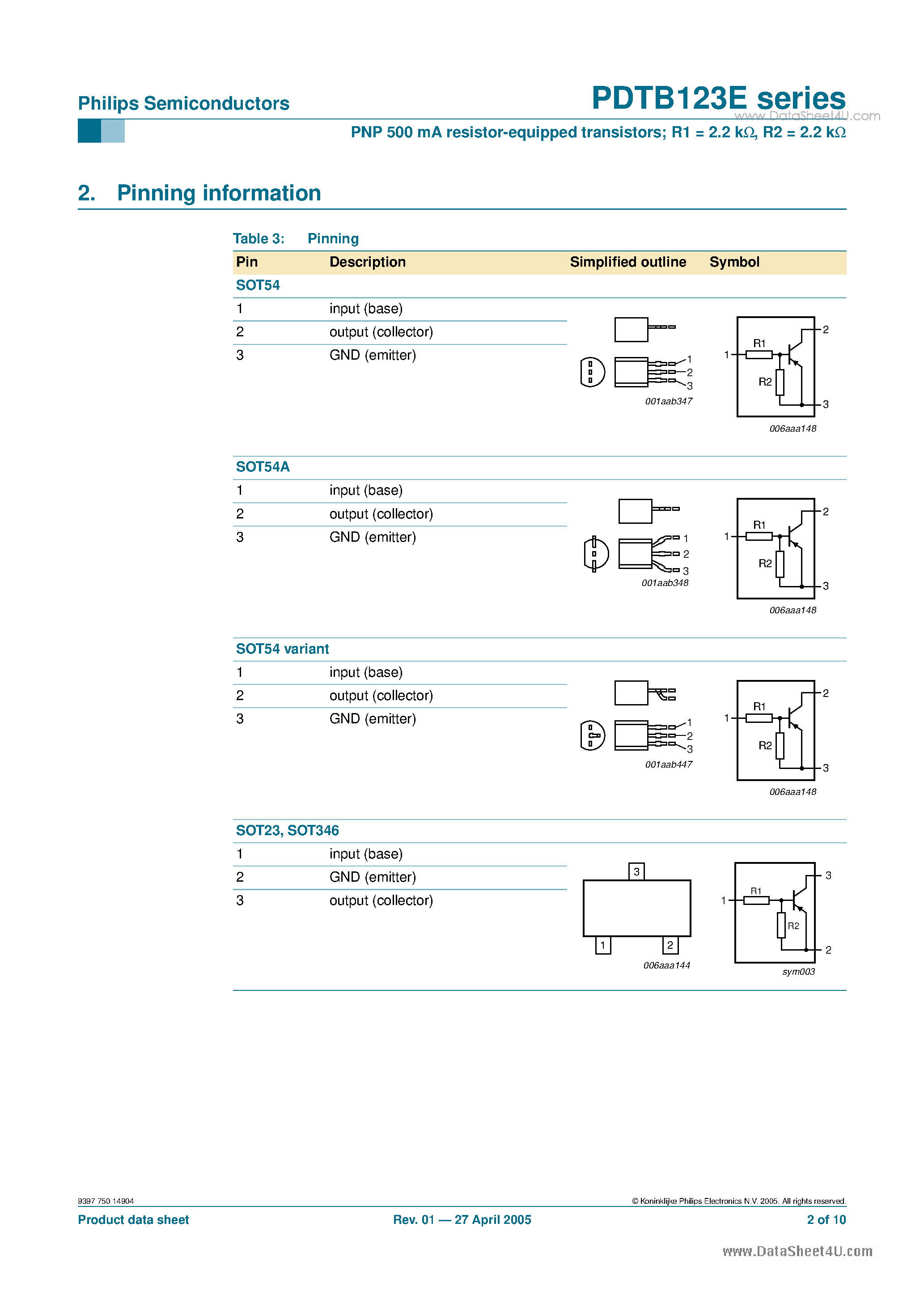 Даташит на микросхему PDTB123E страница 2 Даташит PDTB123E - 50 V resistor-equipped transistors страница 2