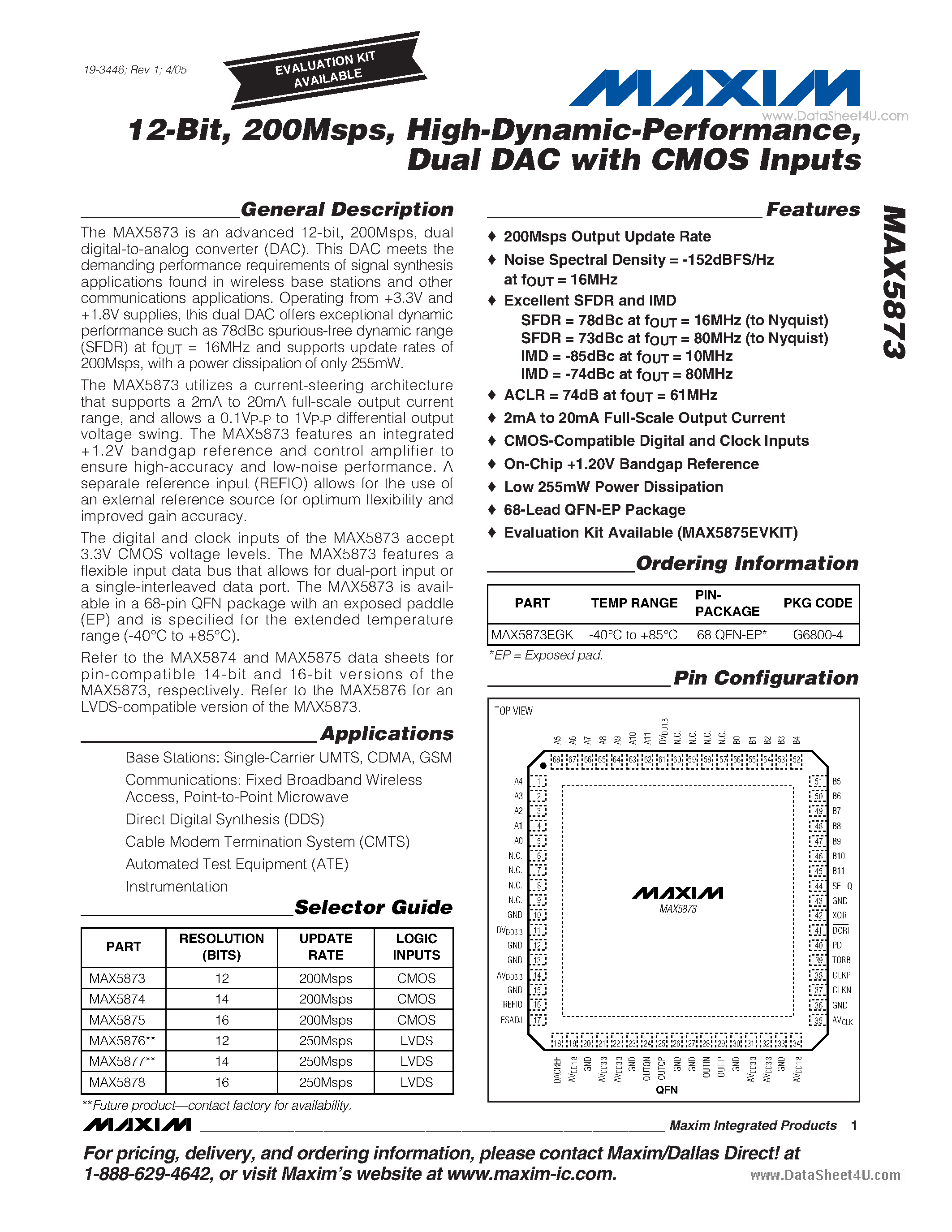 Datasheet MAX5873 - Dual DAC with CMOS Inputs page 1