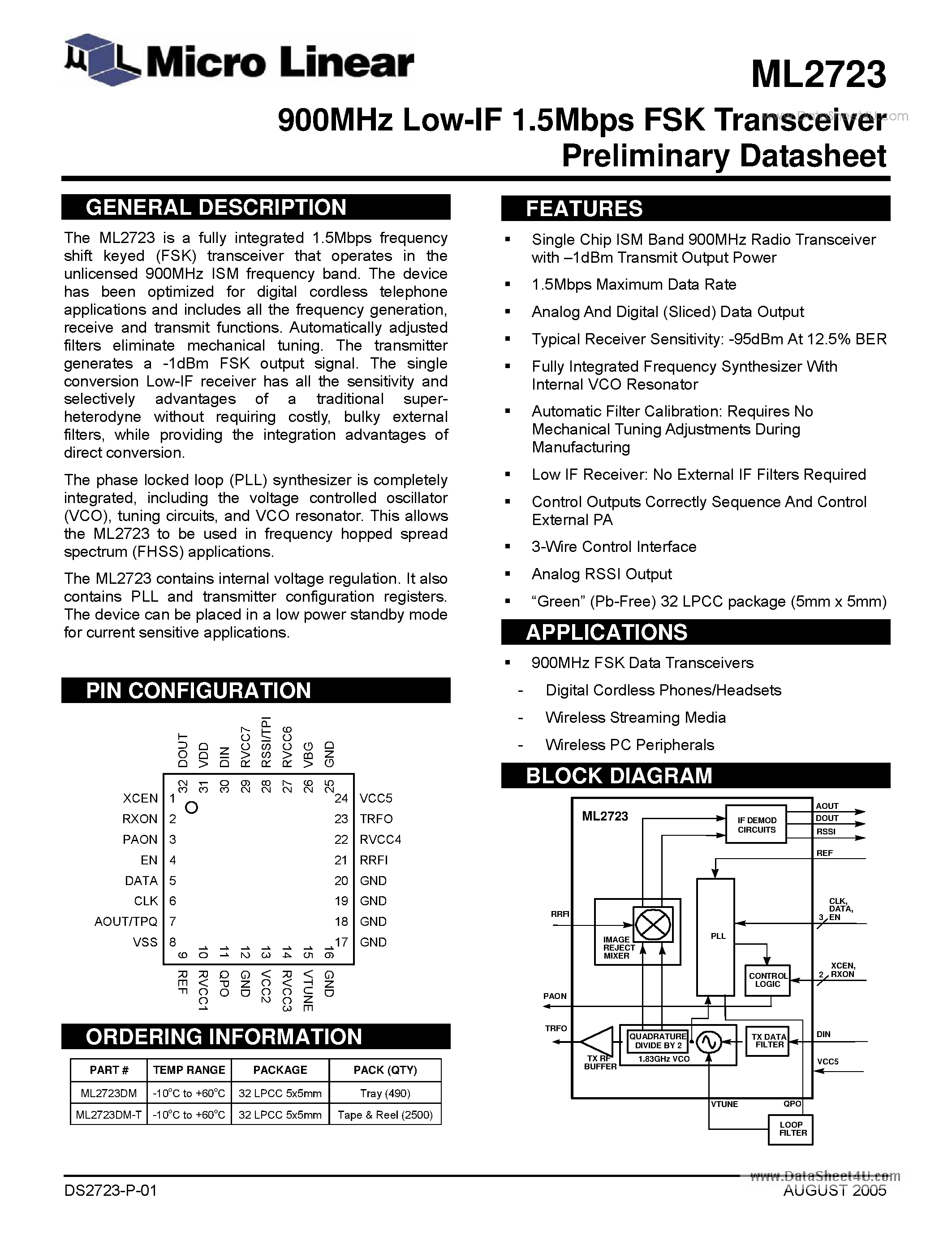 Datasheet ML2723 - 900MHz Low-IF 1.5Mbps FSK Transceiver page 1