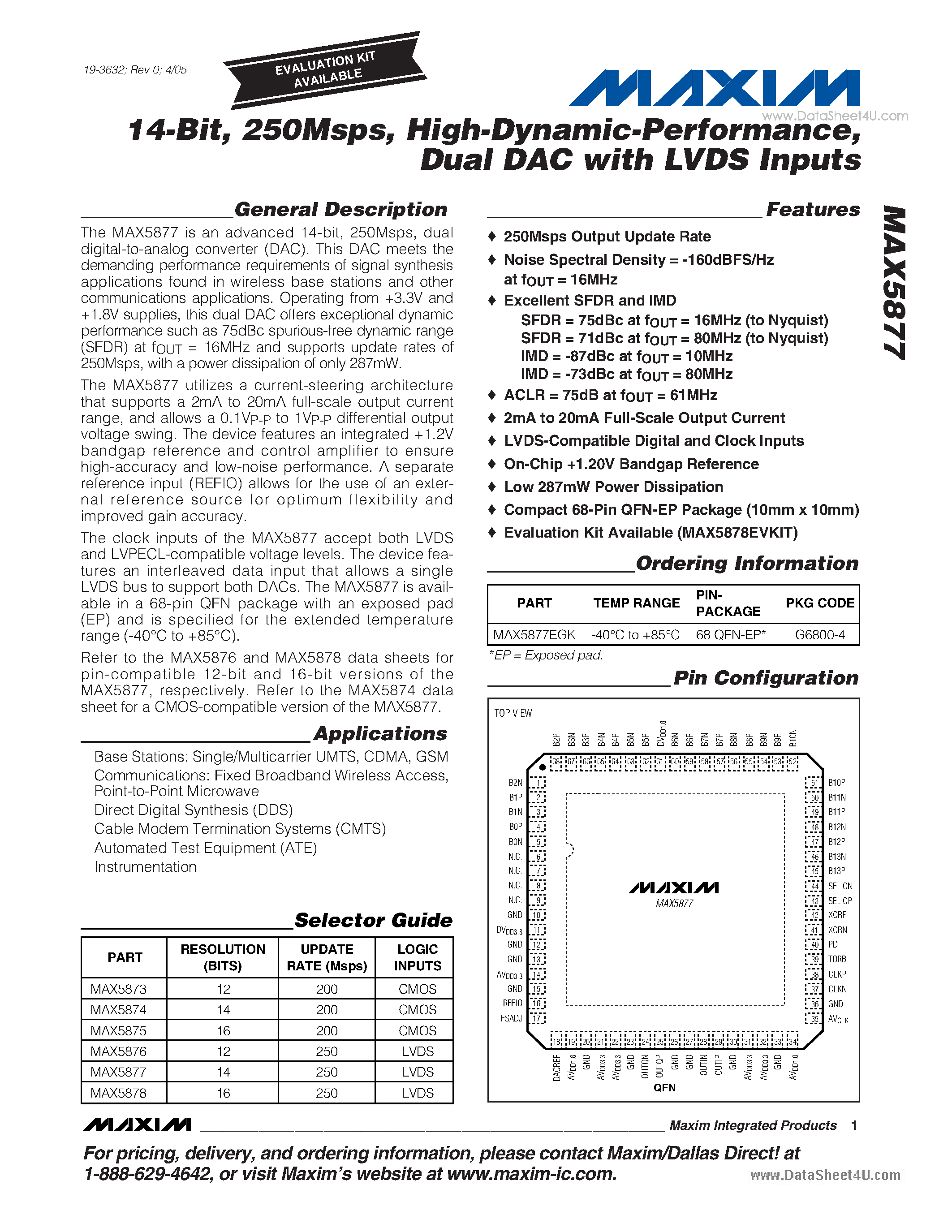 Datasheet MAX5877 - Dual DAC with LVDS Inputs page 1
