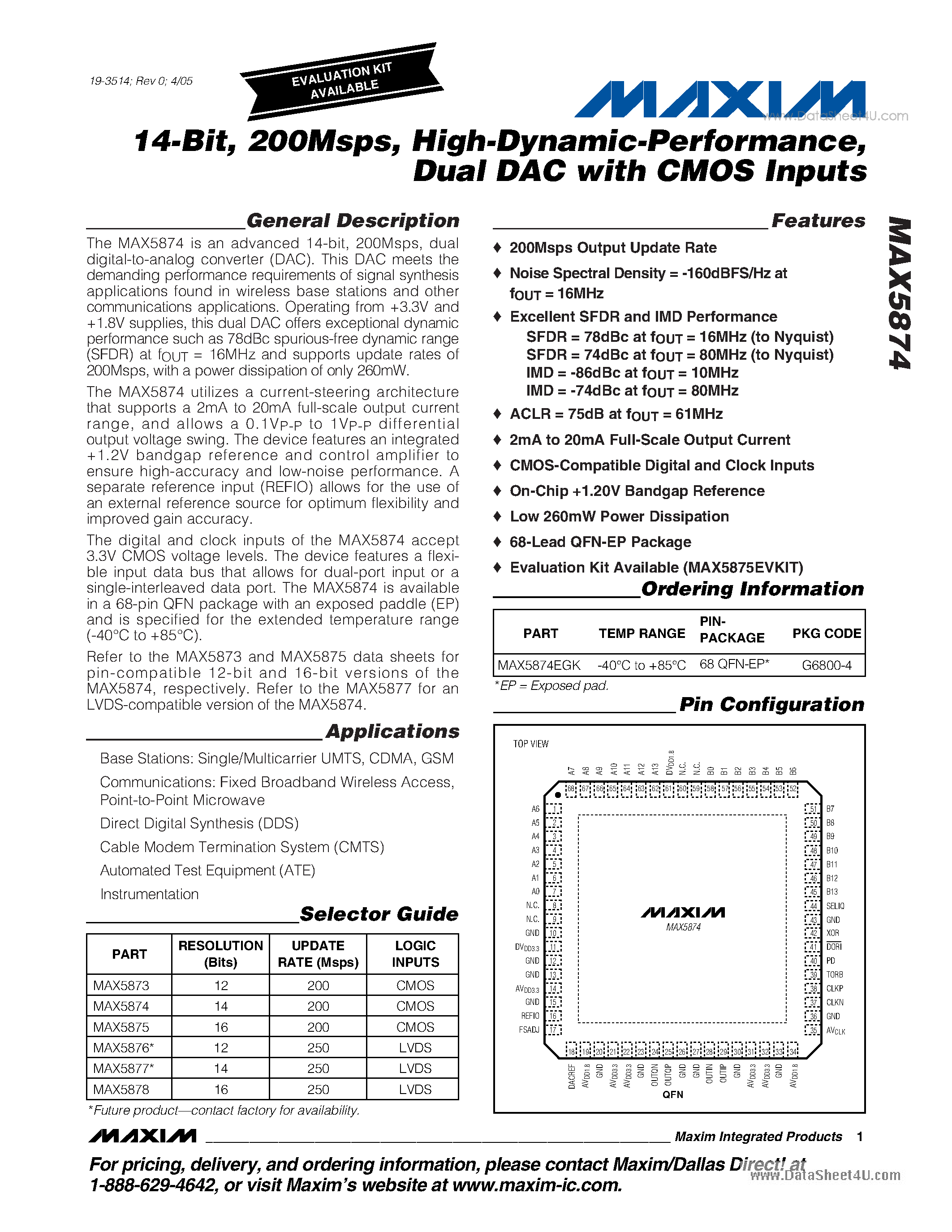 Datasheet MAX5874 - Dual DAC with LVDS Inputs page 1