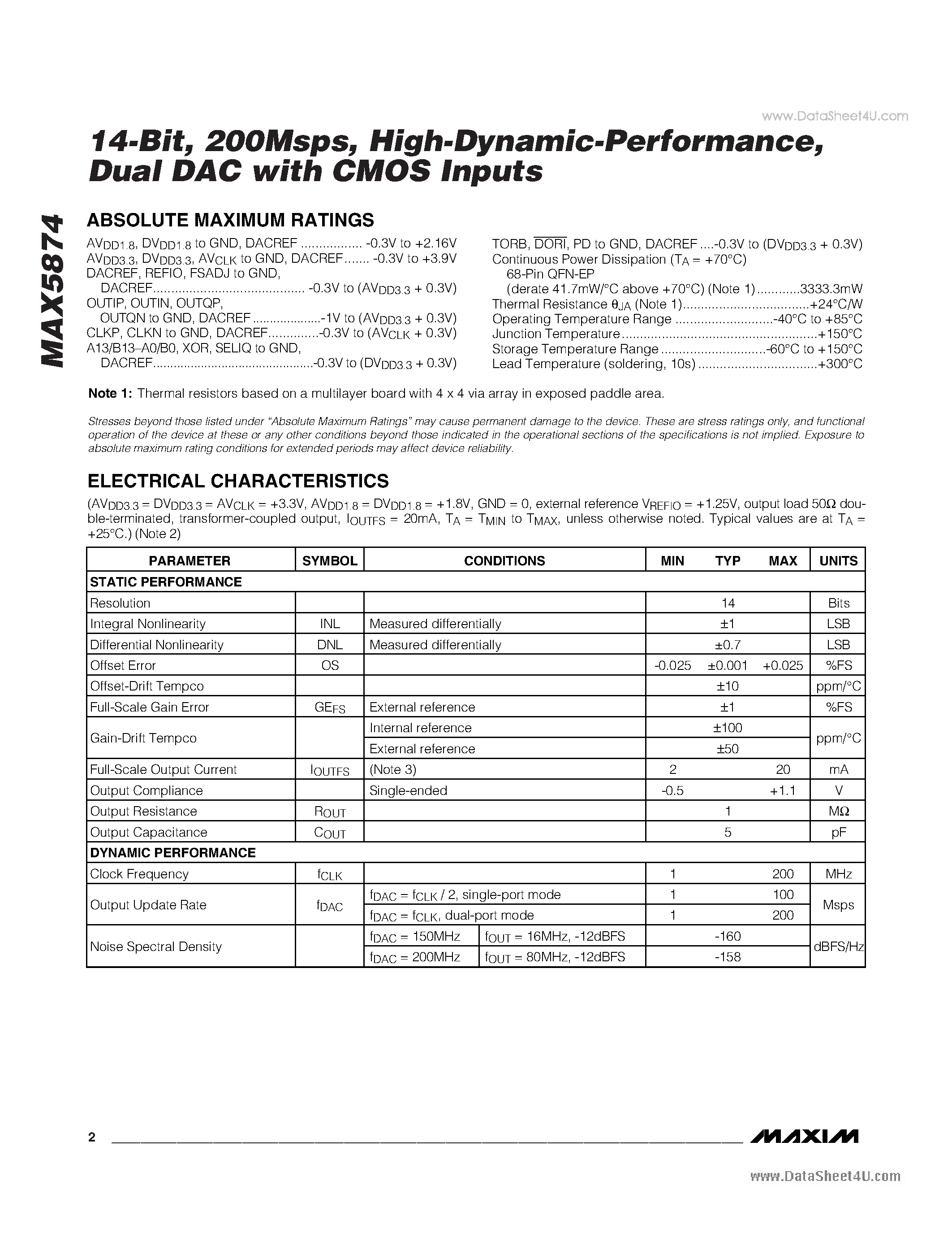 Datasheet MAX5874 - Dual DAC with LVDS Inputs page 2