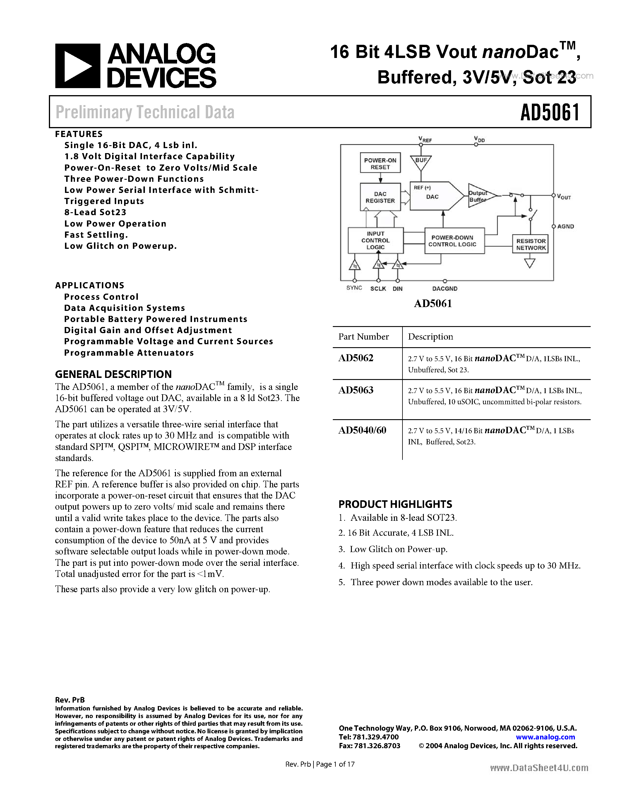 Даташит на микросхему AD5061 страница 1 Даташит AD5061 - 16-Bit Vout nanoDAC Converter страница 1