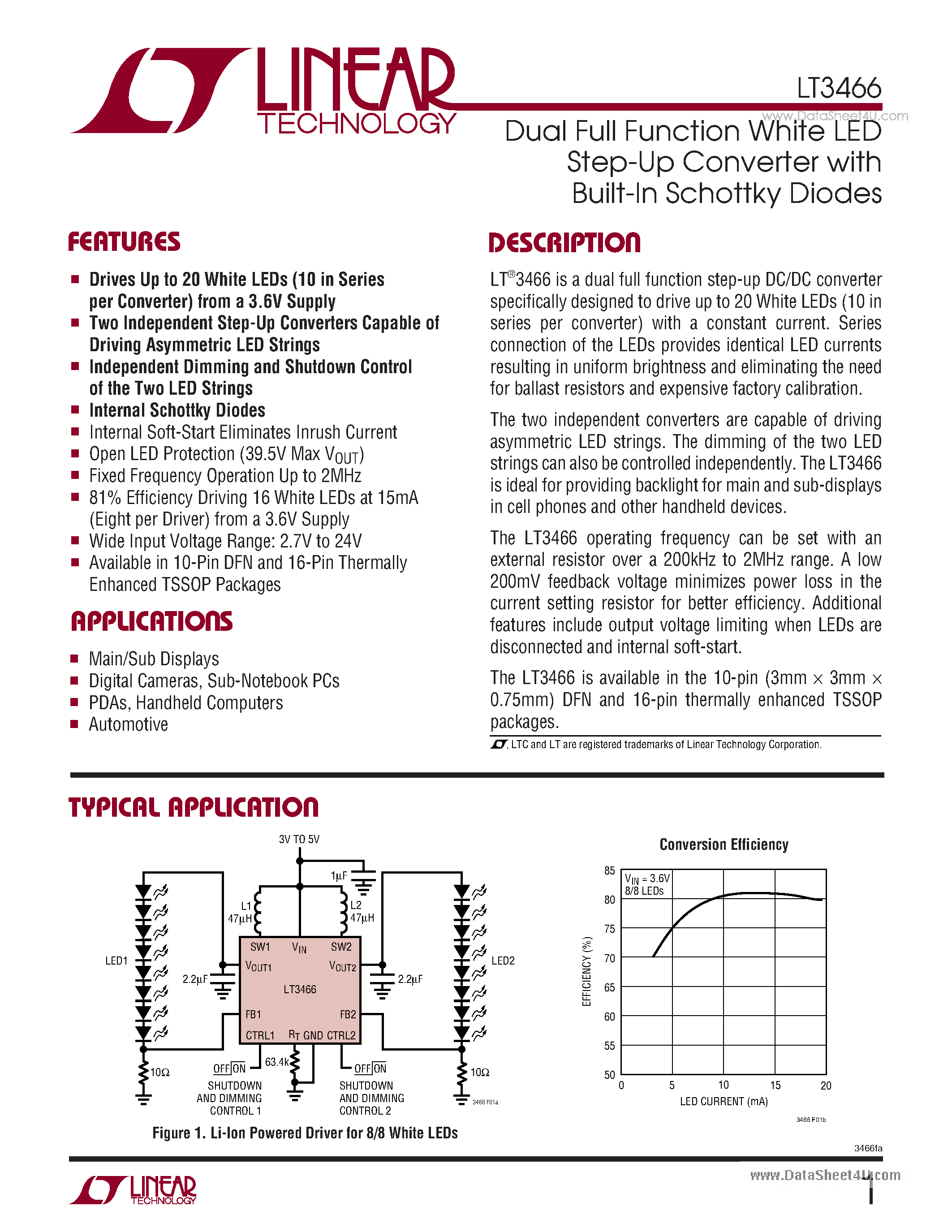 Datasheet LTC3466 - Dual Full Function White LED Step-Up Converter page 1
