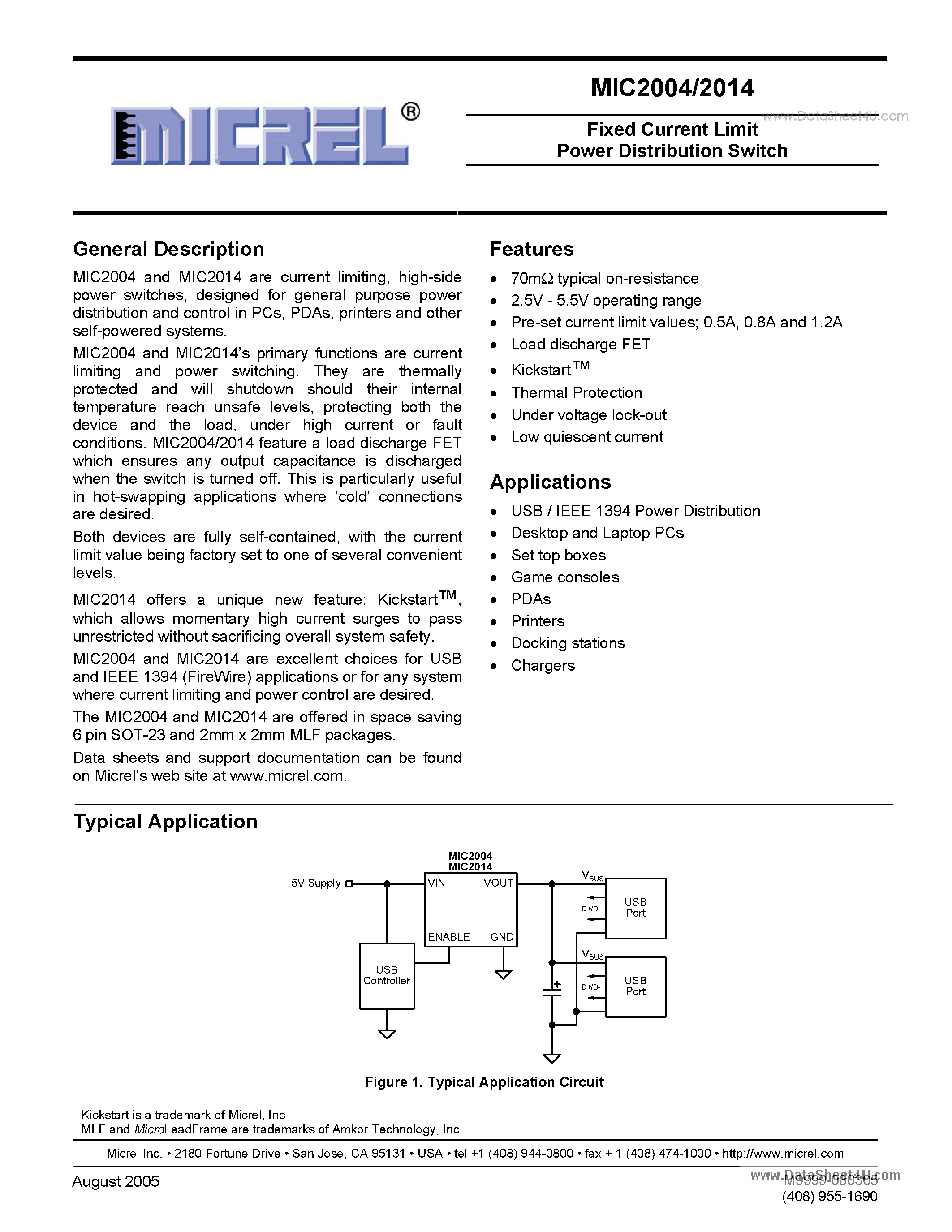 Datasheet MIC2004 page 1 Datasheet MIC2004 - Fixed Current Limit Power Distribution Switch page 1