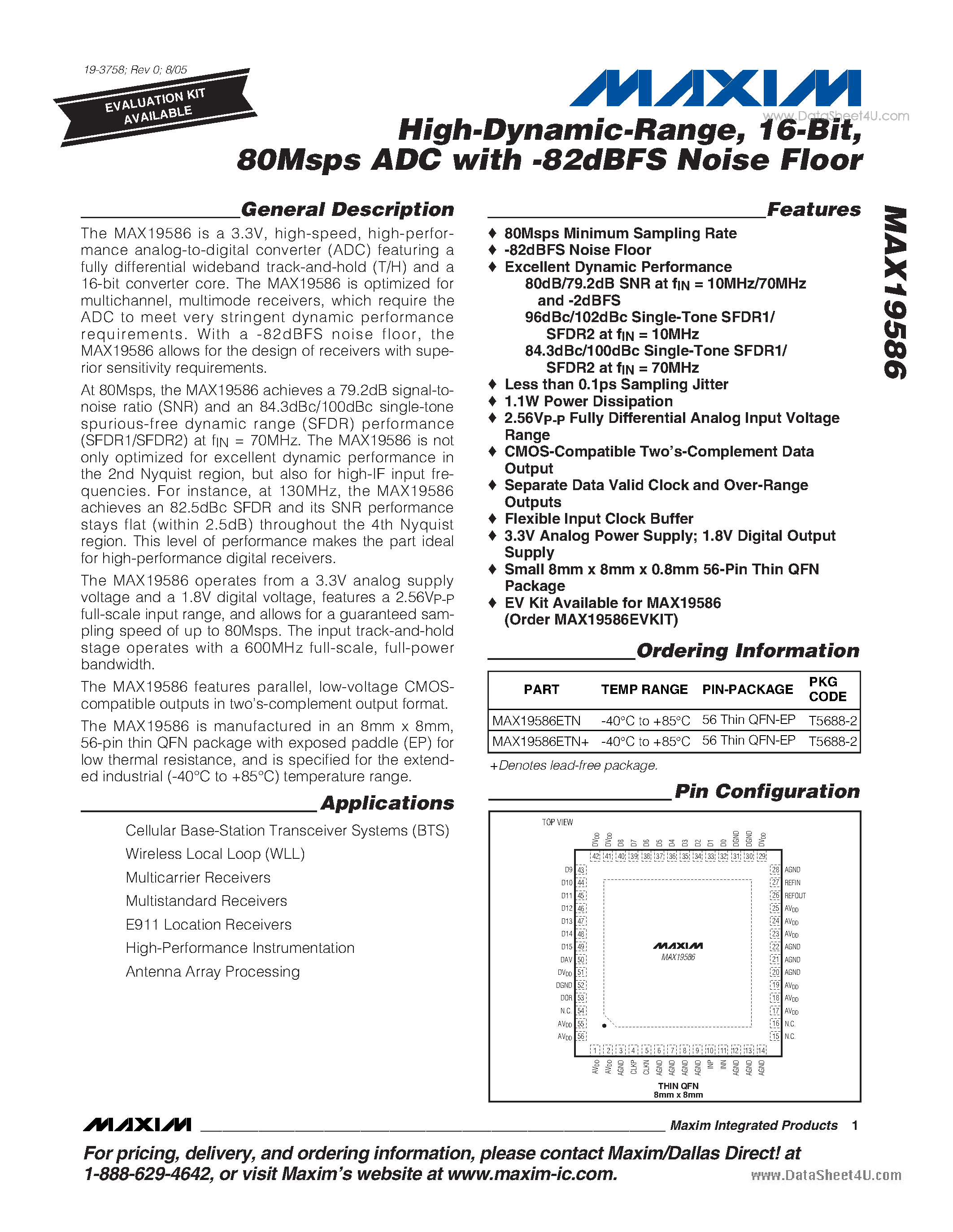 Datasheet MAX19586 - 80Msps ADC with -82dBFS Noise Floor page 1