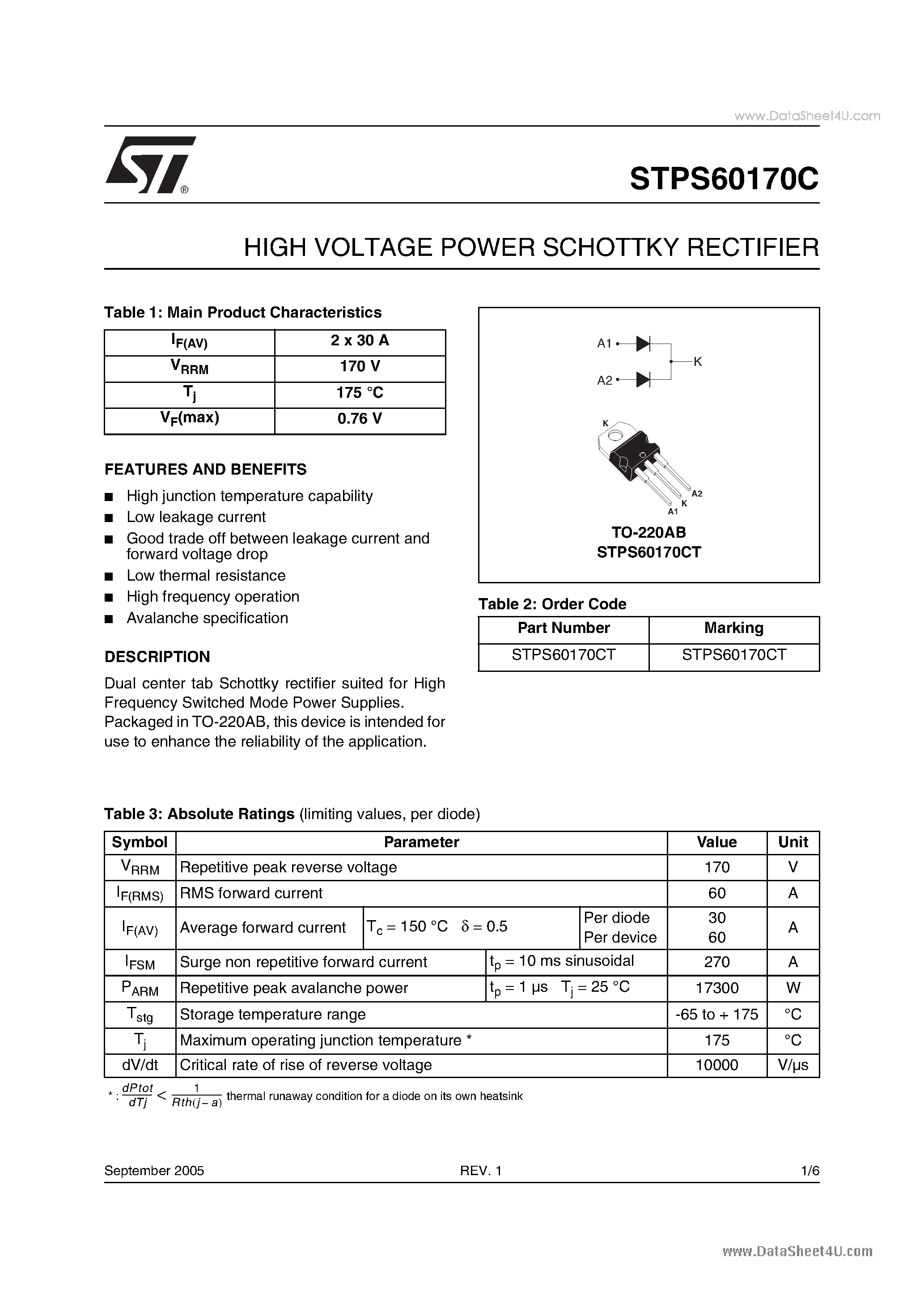 Datasheet STPS60170C - HIGH VOLTAGE POWER SCHOTTKY RECTIFIER page 1