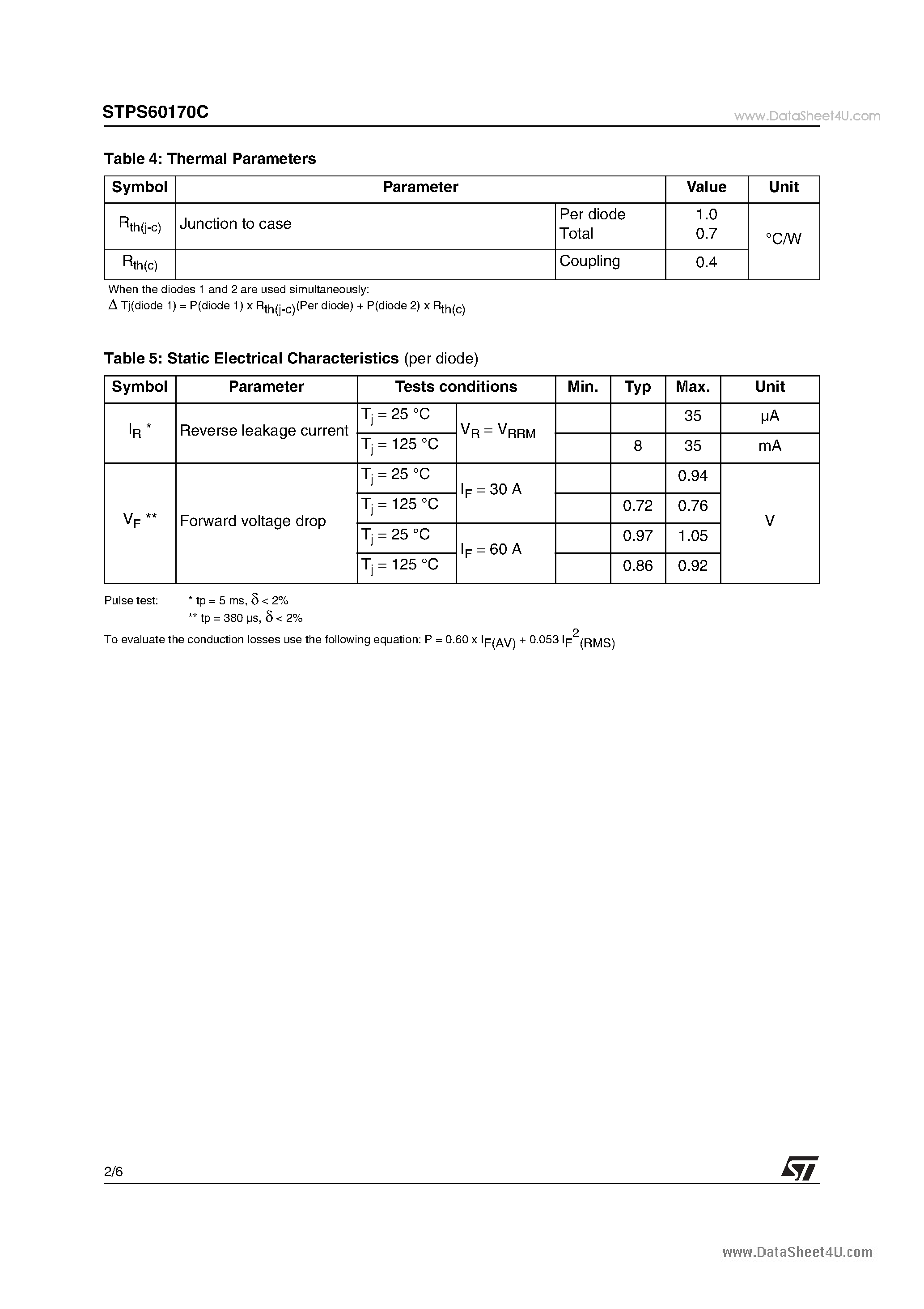 Datasheet STPS60170C - HIGH VOLTAGE POWER SCHOTTKY RECTIFIER page 2