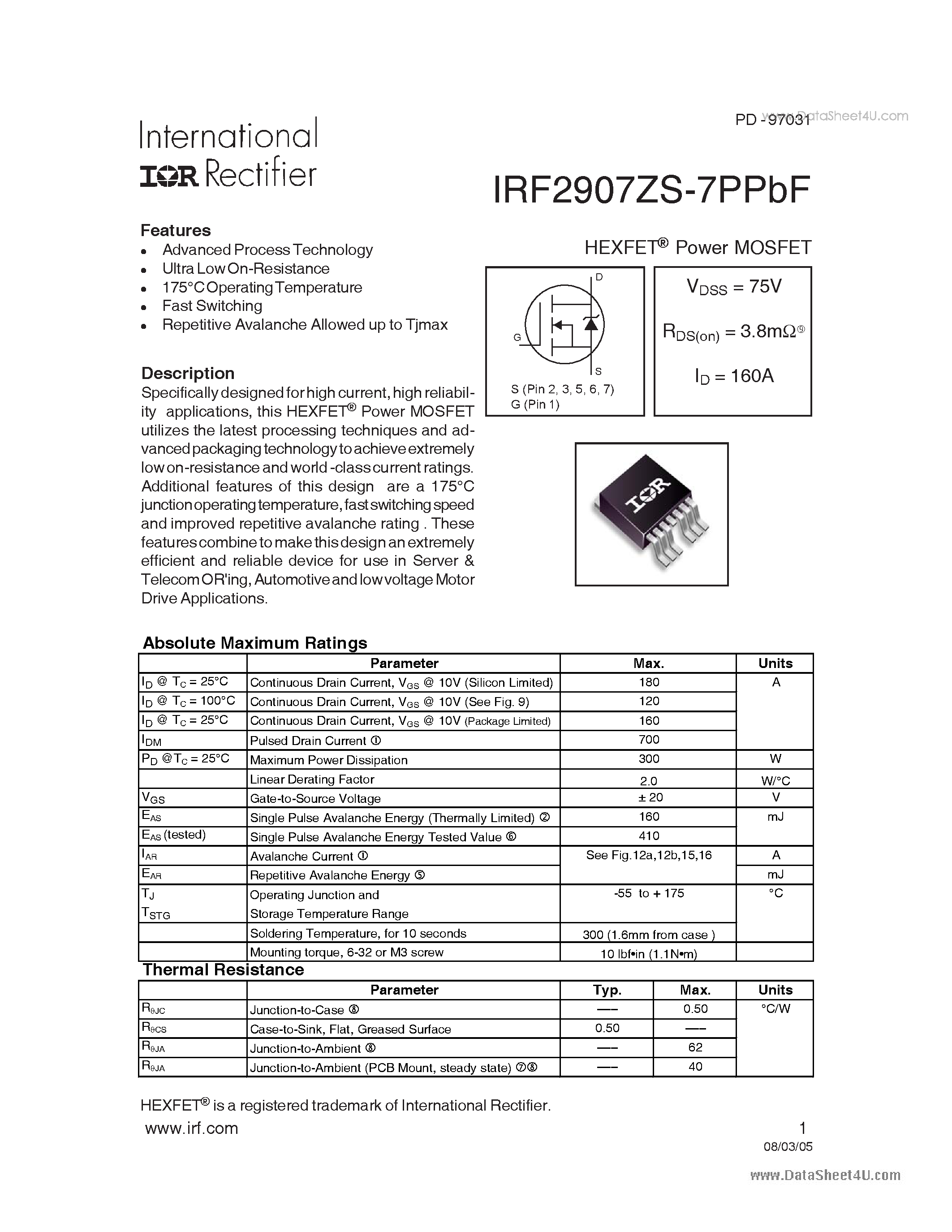 Datasheet IRF2907ZS-7PPbF - HEXFET Power MOSFET page 1