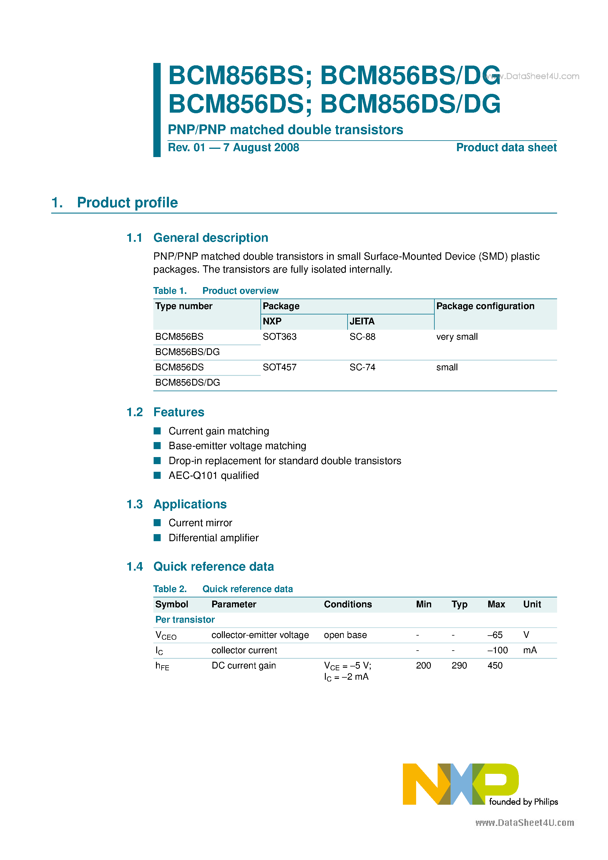 Даташит BCM856BS - PNP/PNP matched double transistors страница 1