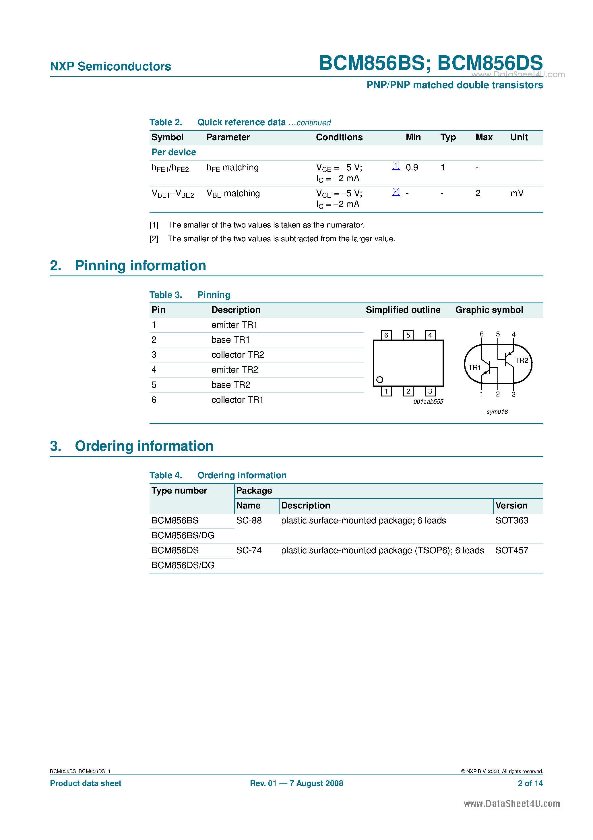 Даташит BCM856BS - PNP/PNP matched double transistors страница 2