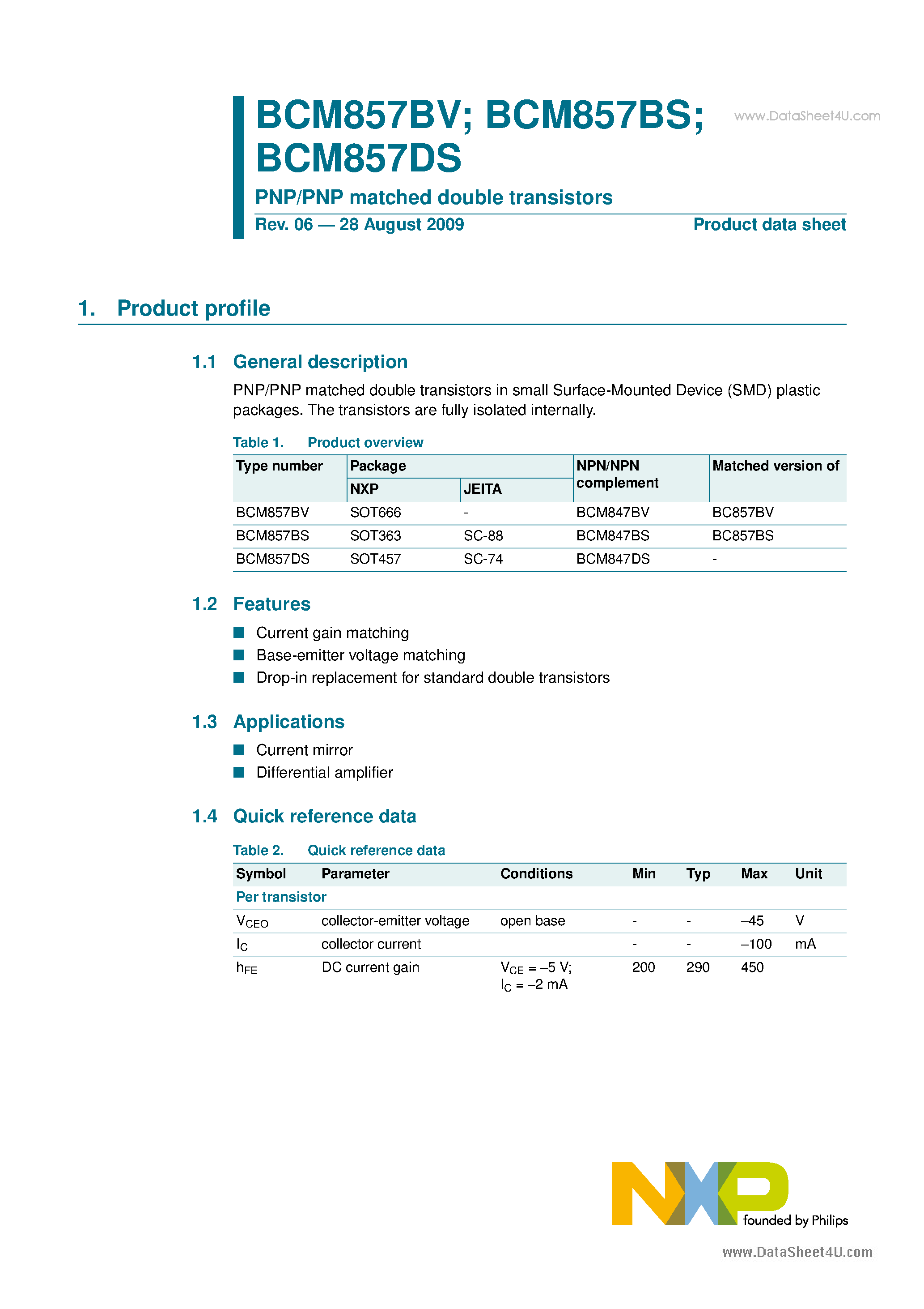 Даташит BCM857BV - PNP/PNP matched double transistors страница 1