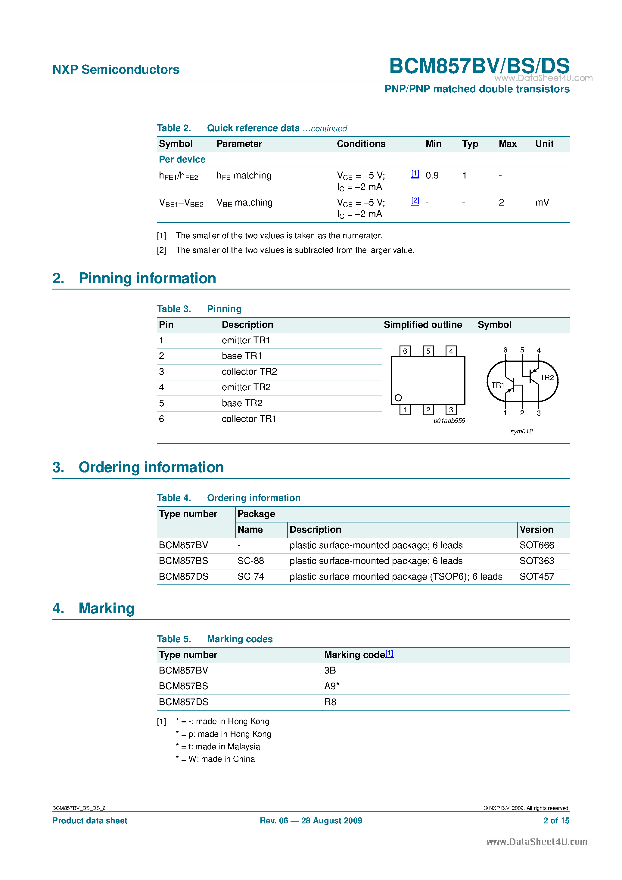Даташит BCM857BV - PNP/PNP matched double transistors страница 2
