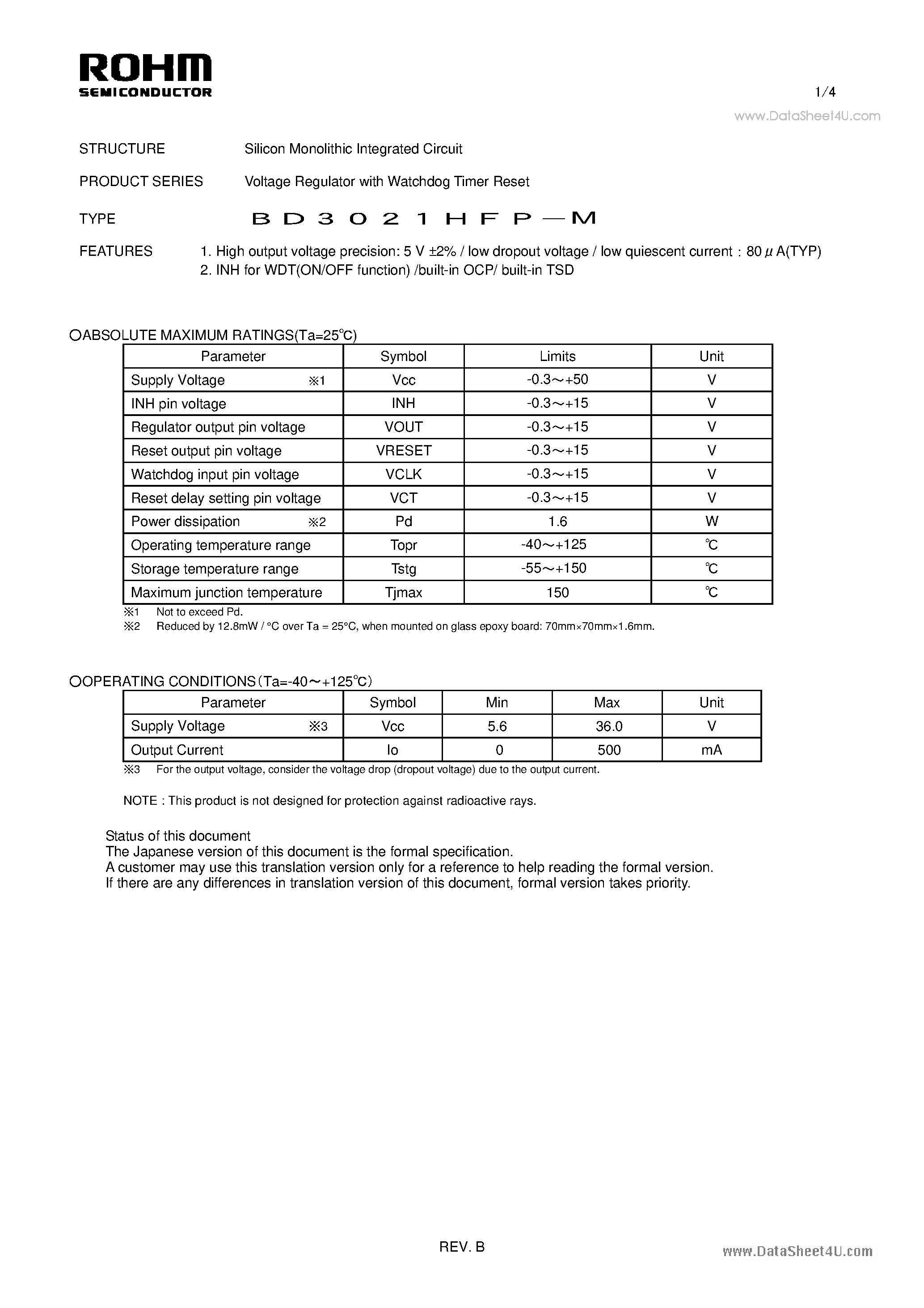 Даташит BD3021HFP-M - Voltage Regulator страница 1