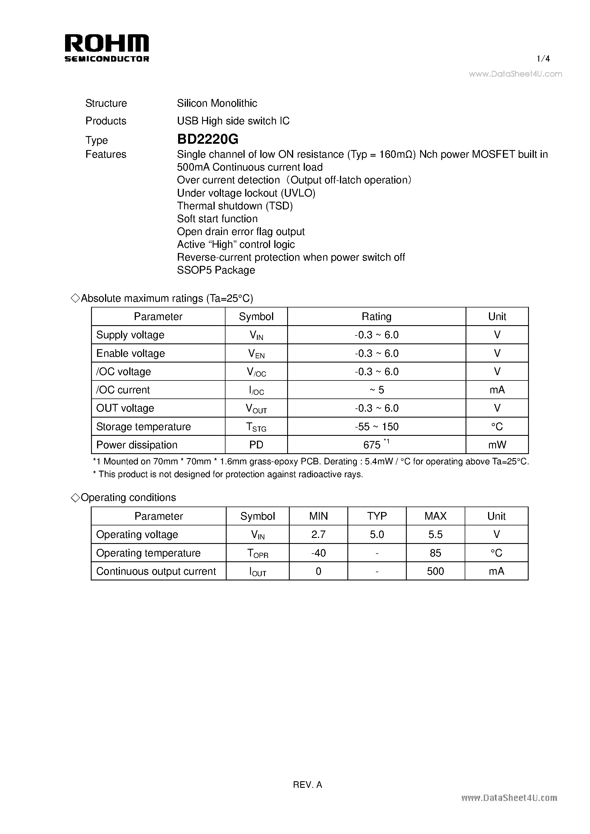 Даташит BD2220G - USB High side switch IC страница 1