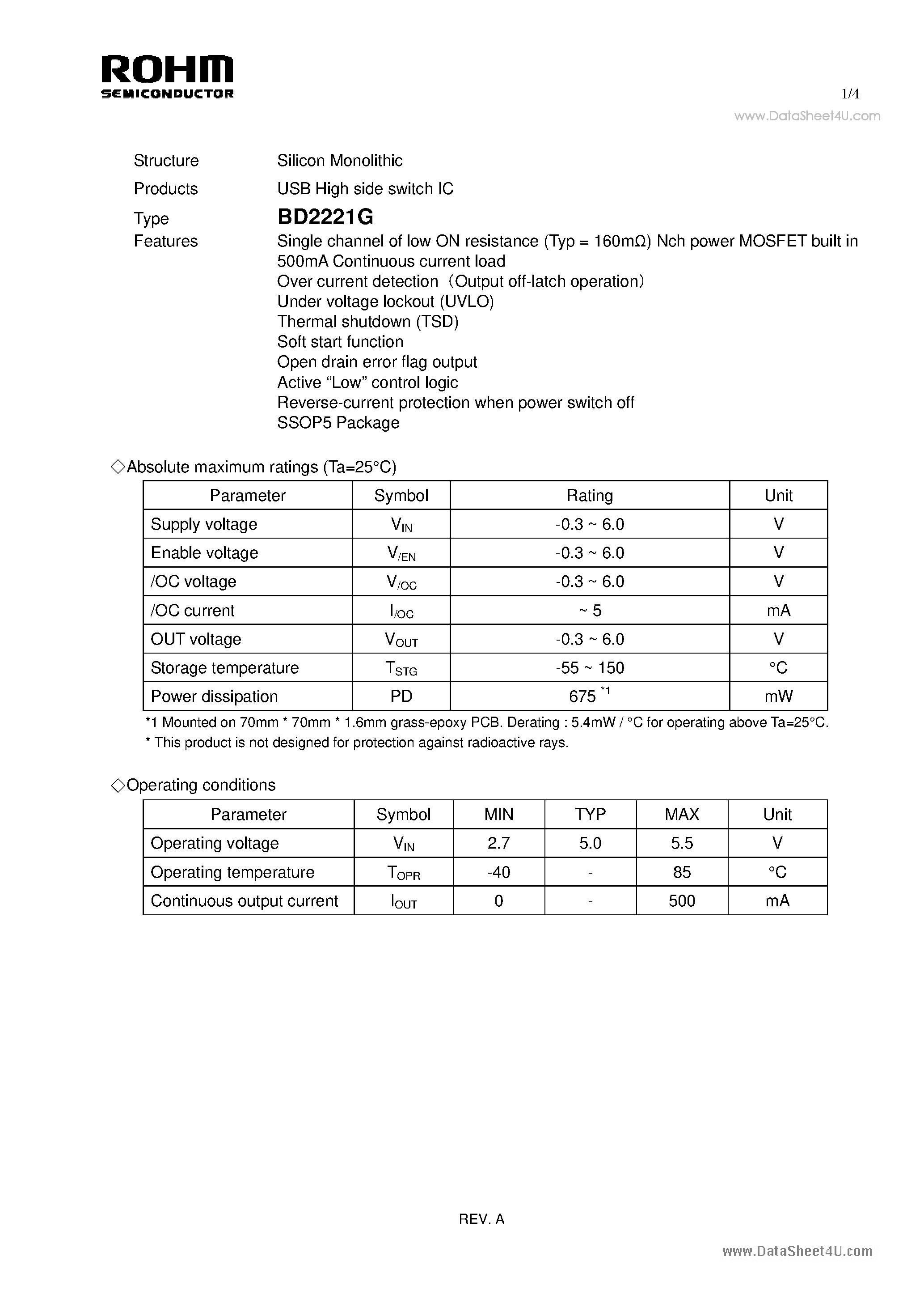 Даташит BD2221G - USB High side switch IC страница 1