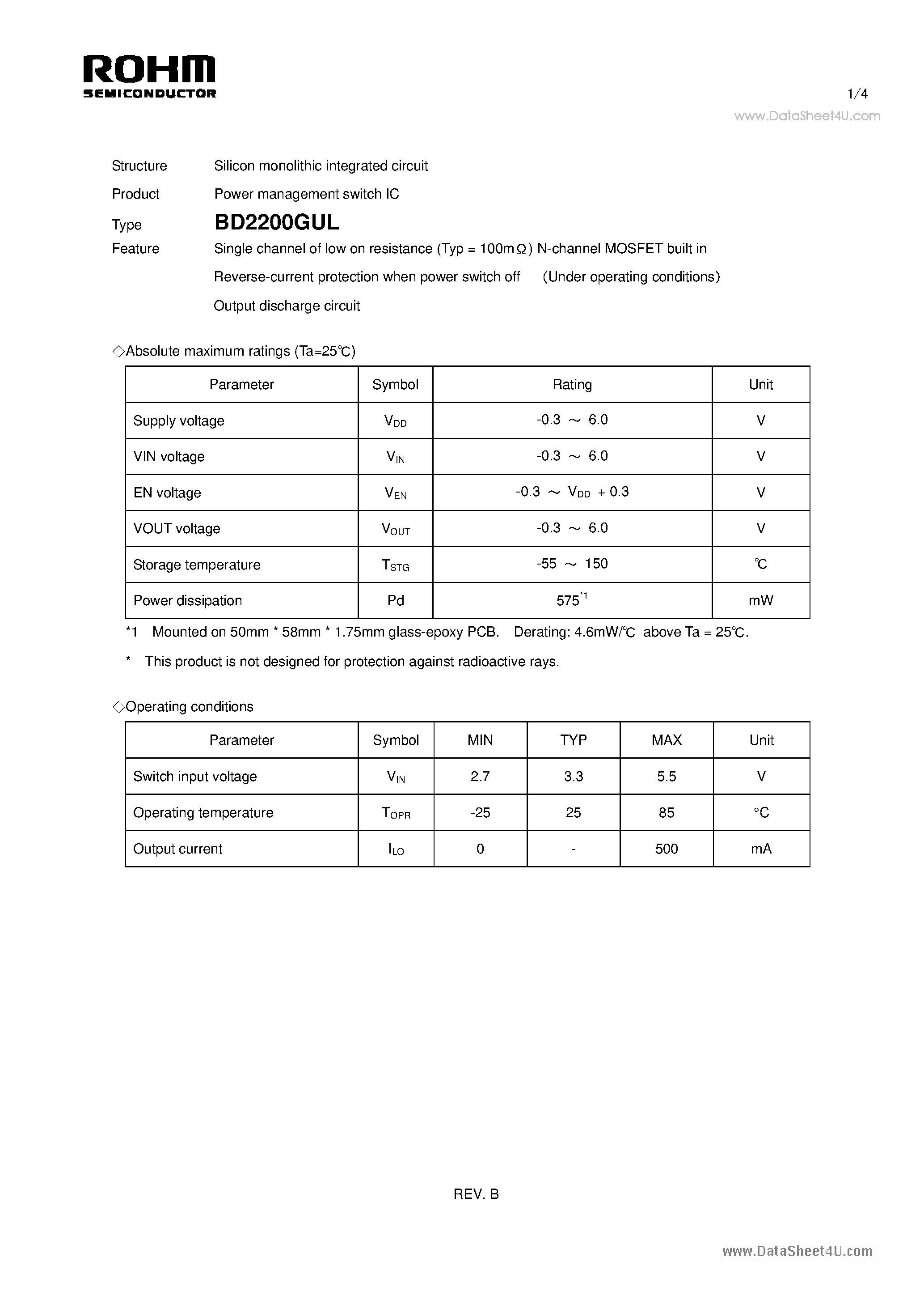 Даташит BD2200GUL - Power management switch IC страница 1