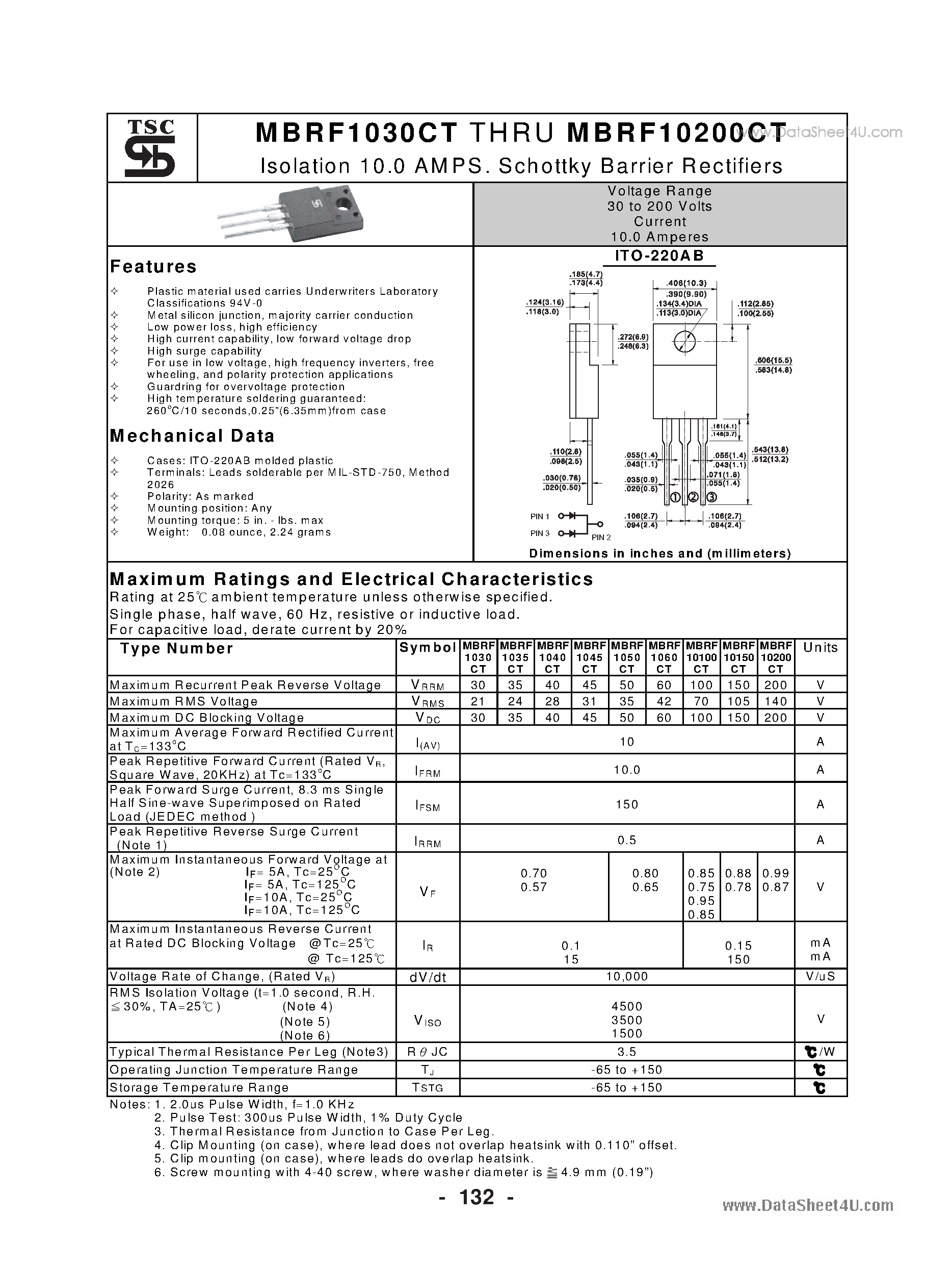 Datasheet MBRF10100CT page 1 Datasheet MBRF10100CT - (MBRF1030CT - MBRF10200CT) Schottky Barrier Rectifiers page 1