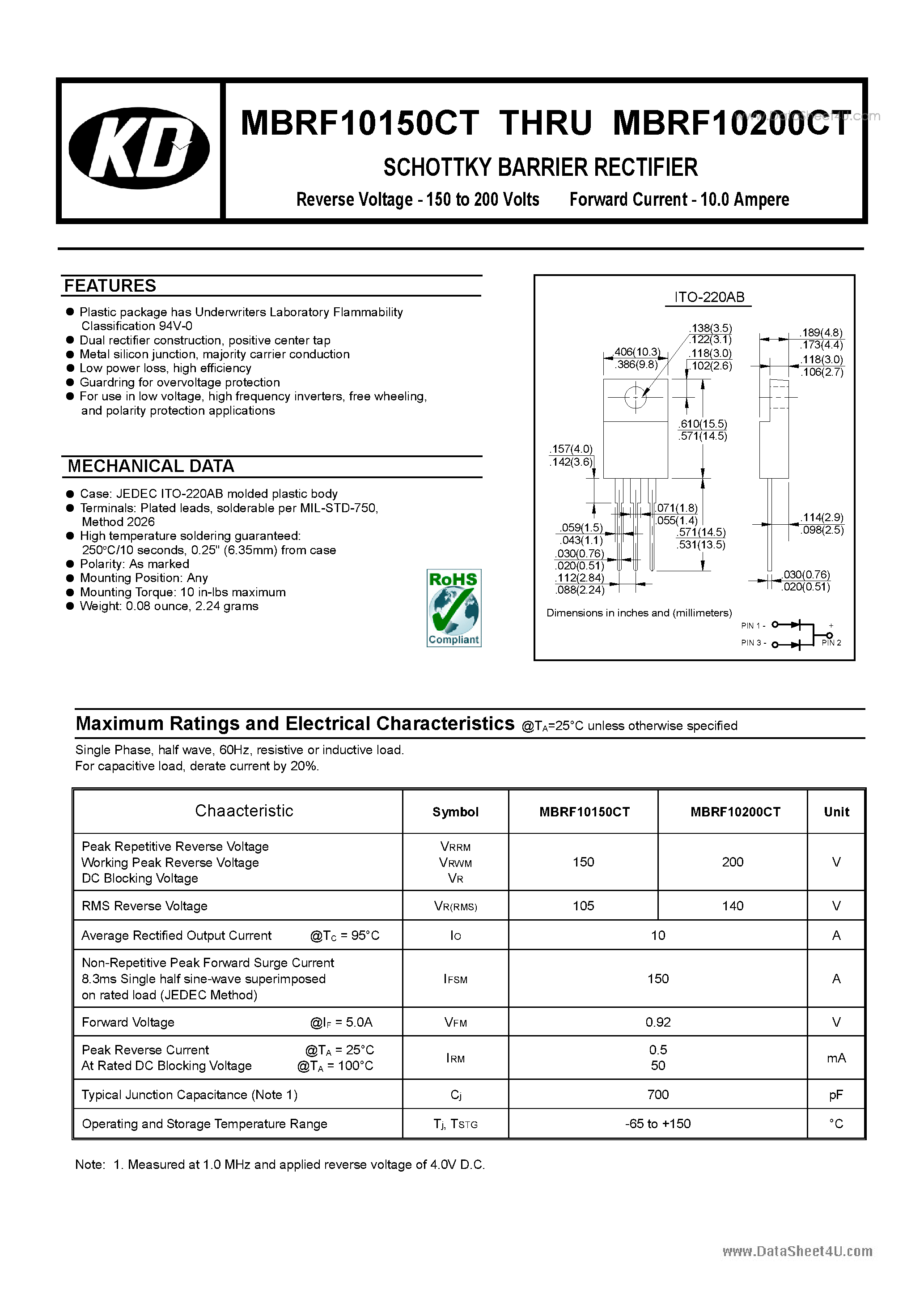 Даташит на микросхему MBRF10150CT страница 1 Даташит MBRF10150CT - (MBRF10150CT / MBRF10200CT) SCHOTTKY BARRIER RECTIFIER страница 1