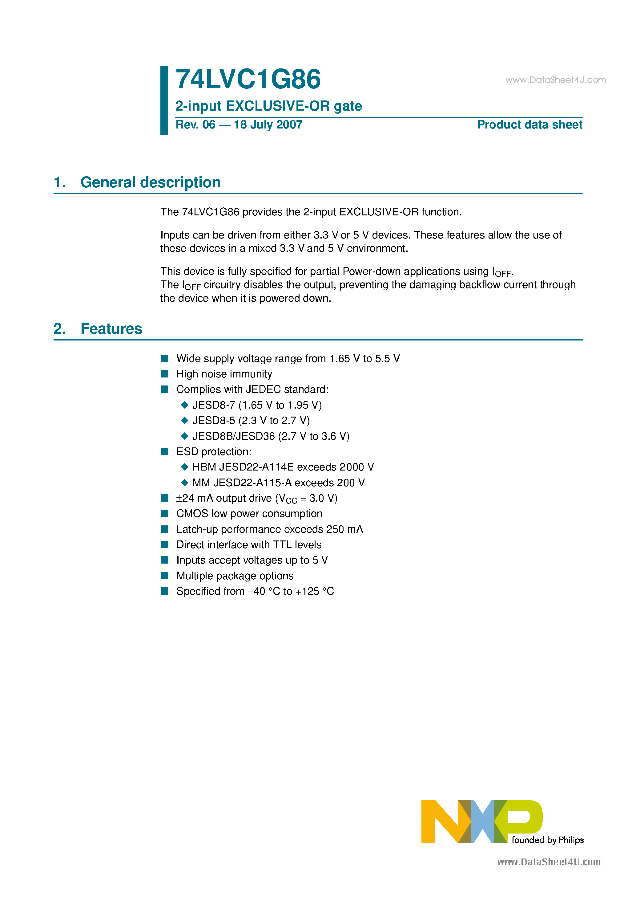 Даташит 74LVC1G86 - 2-input EXCLUSIVE-OR gate страница 1